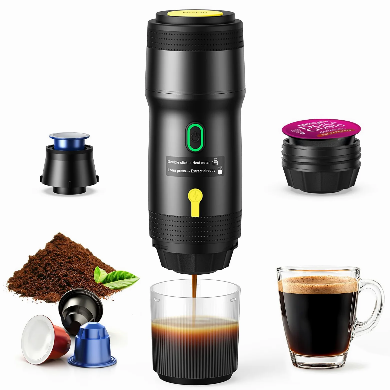 Cafetera espresso eléctrica portátil, autocalentamiento con USB-DC, cafetera de viaje para camping, compatible con cápsulas NS y café molido, cafetera portátil para senderismo, caravana, hogar