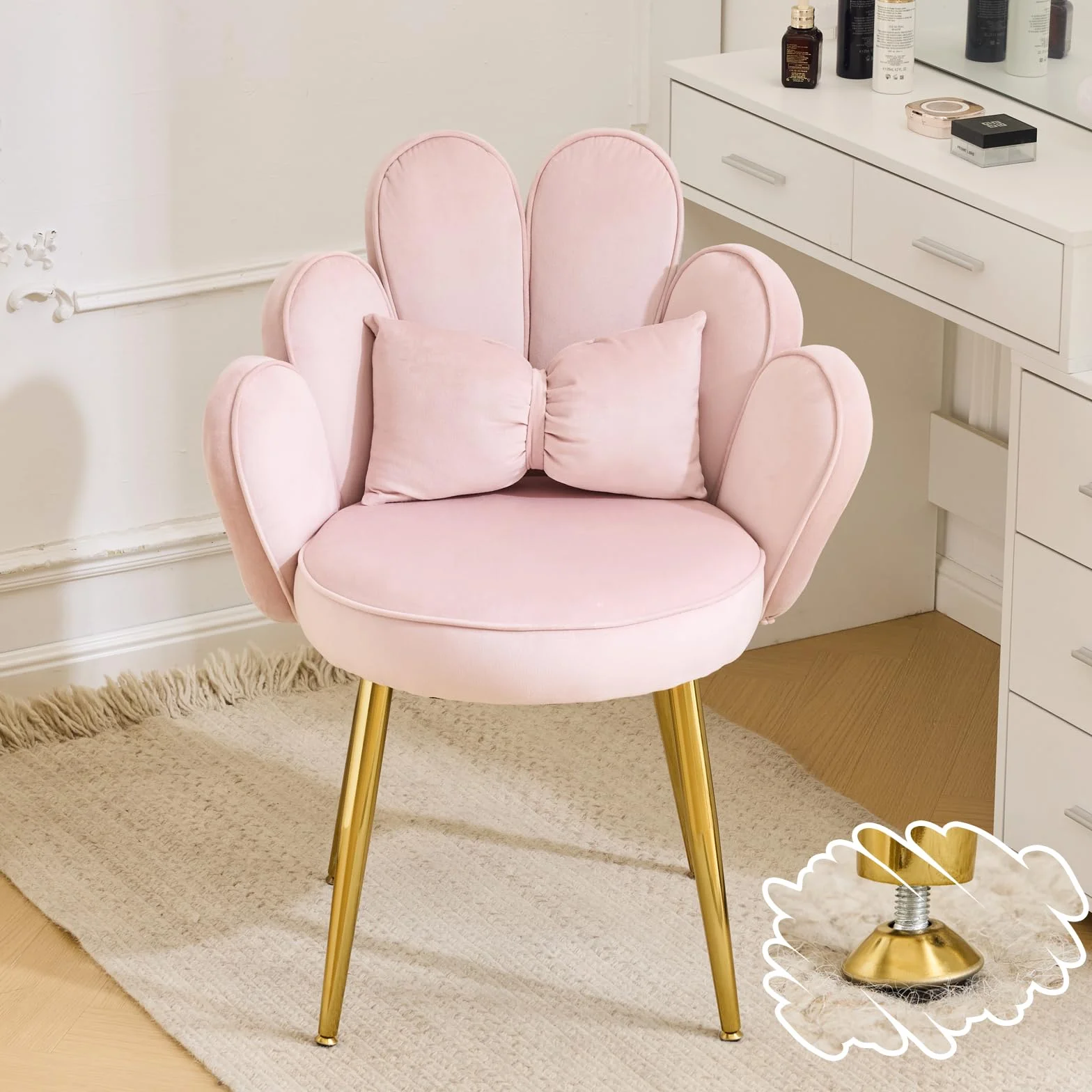 Bonnlo Silla de Maquillaje con Respaldo de Pétalos, Silla Tocador, Sillas de Comedor Elegantes, Patas Doradas Ajustables, Sillón Salón para Tocador, Dormitorio u Oficina en Casa (Terciopelo, Rosa)
