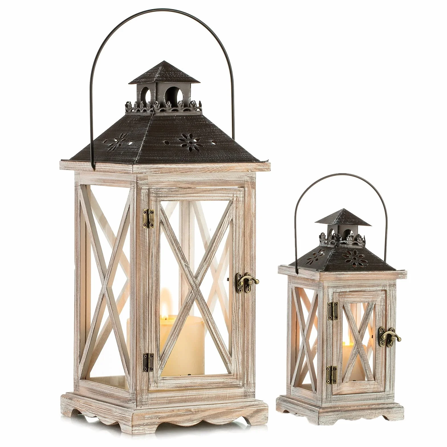 Romadedi Farolillos Vela Madera Grandes - Faroles 48 cm / 28cm XXL Vintage Portavelas Decorativo Navidad Decoración para Hogar Jardin Mesa Rustica, Natural