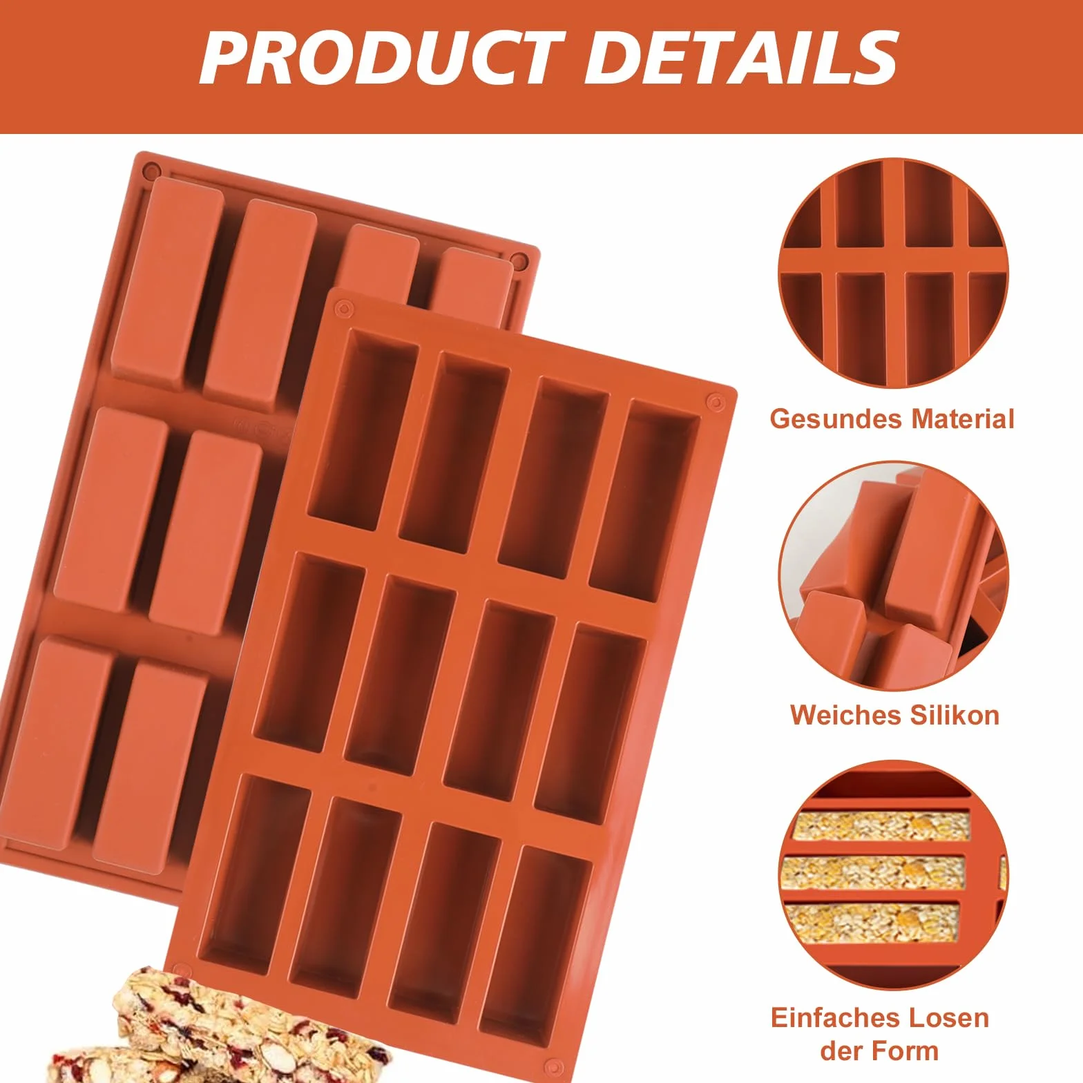 CRESZZLE Juego de 2 moldes rectangulares de silicona con 12 cavidades, ideales para preparar barritas energéticas, brownies y pasteles.