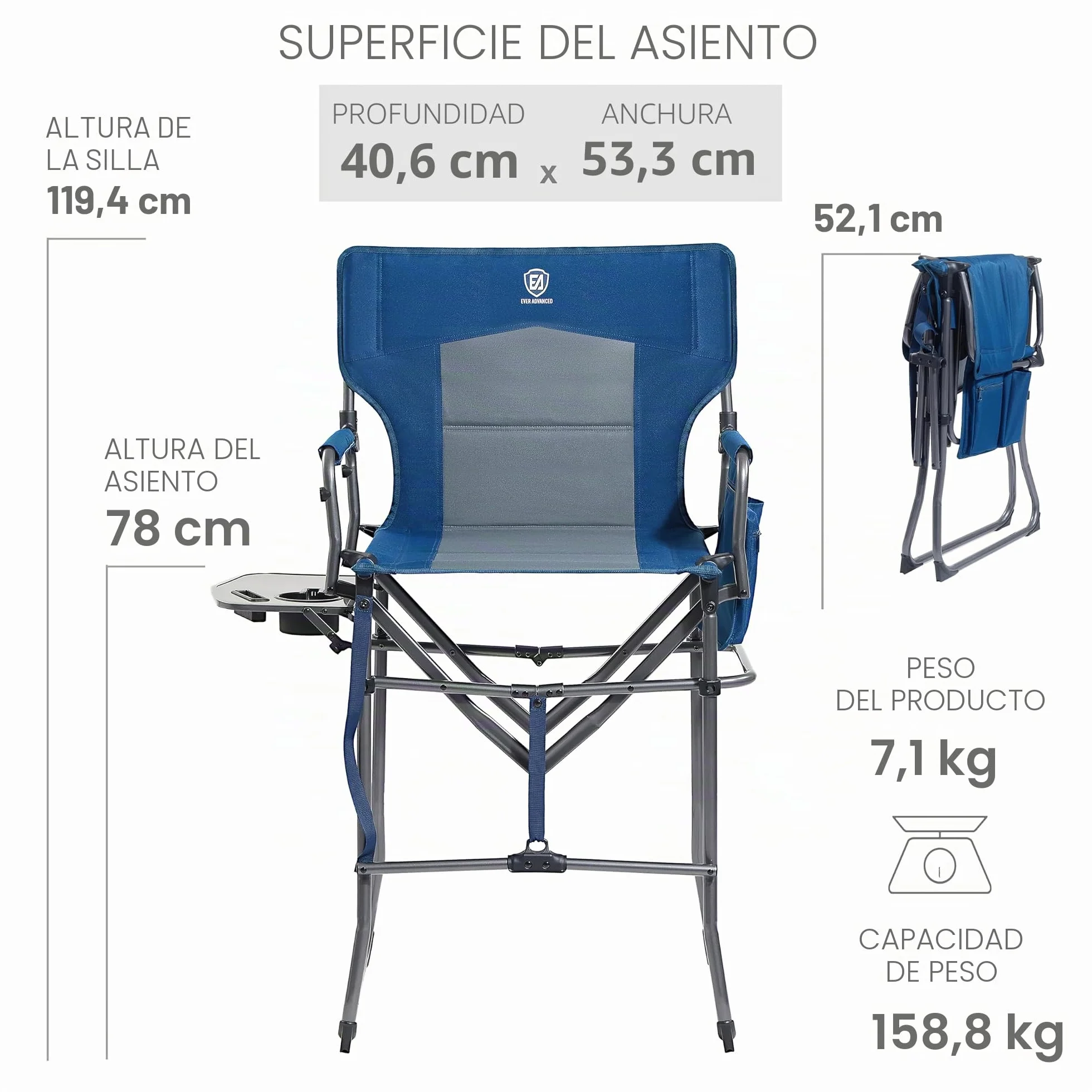 EVER ADVANCED Silla plegable portátil de 30.7 pulgadas de altura del asiento, silla de directores, taburete de bar alto plegable con mesa auxiliar para maquilladores, camping, eventos deportivos,