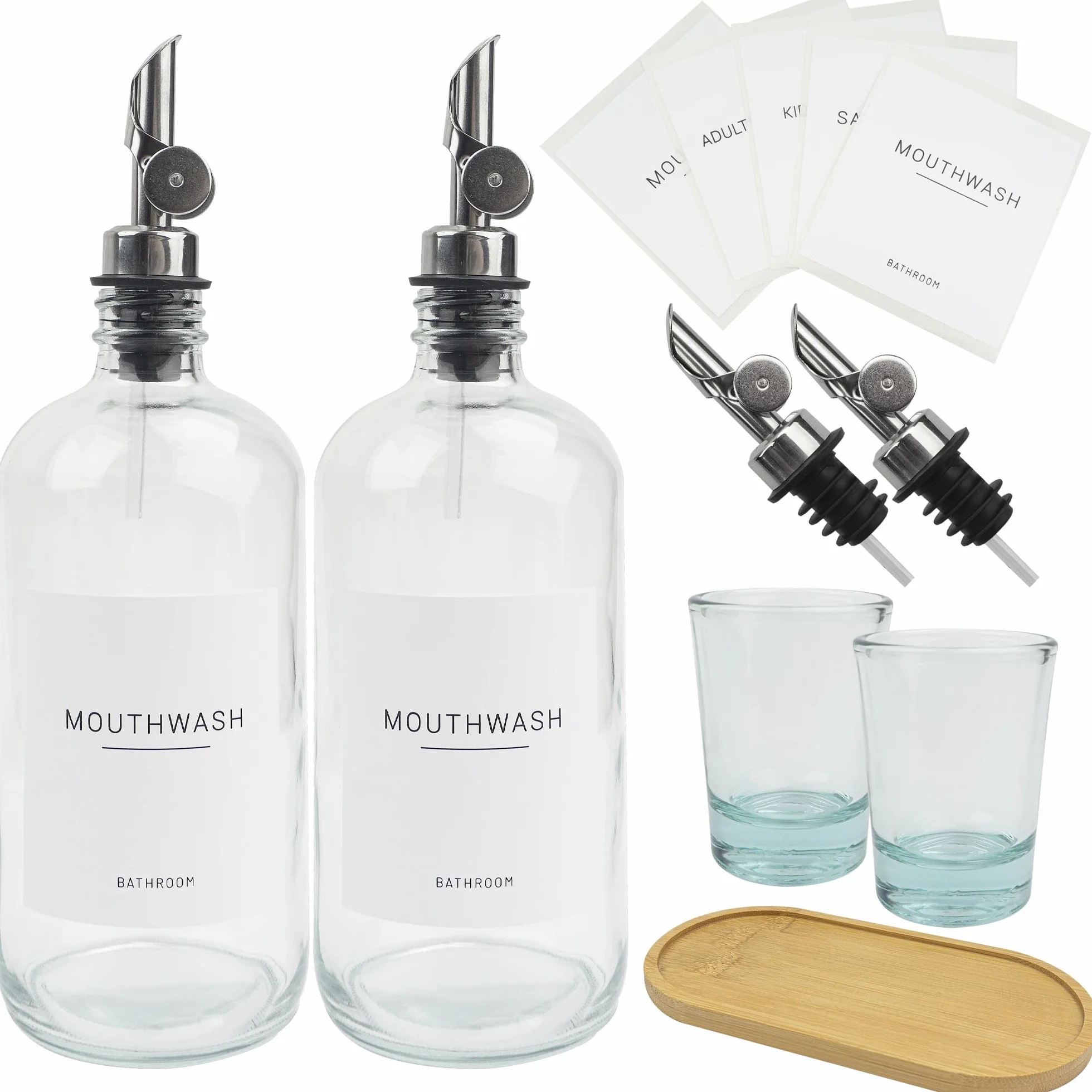 Dispensador de enjuague bucal de vidrio 480 ml, botella transparente con boquilla, taza reutilizable, bandeja de bambú, botellas Boston recargables