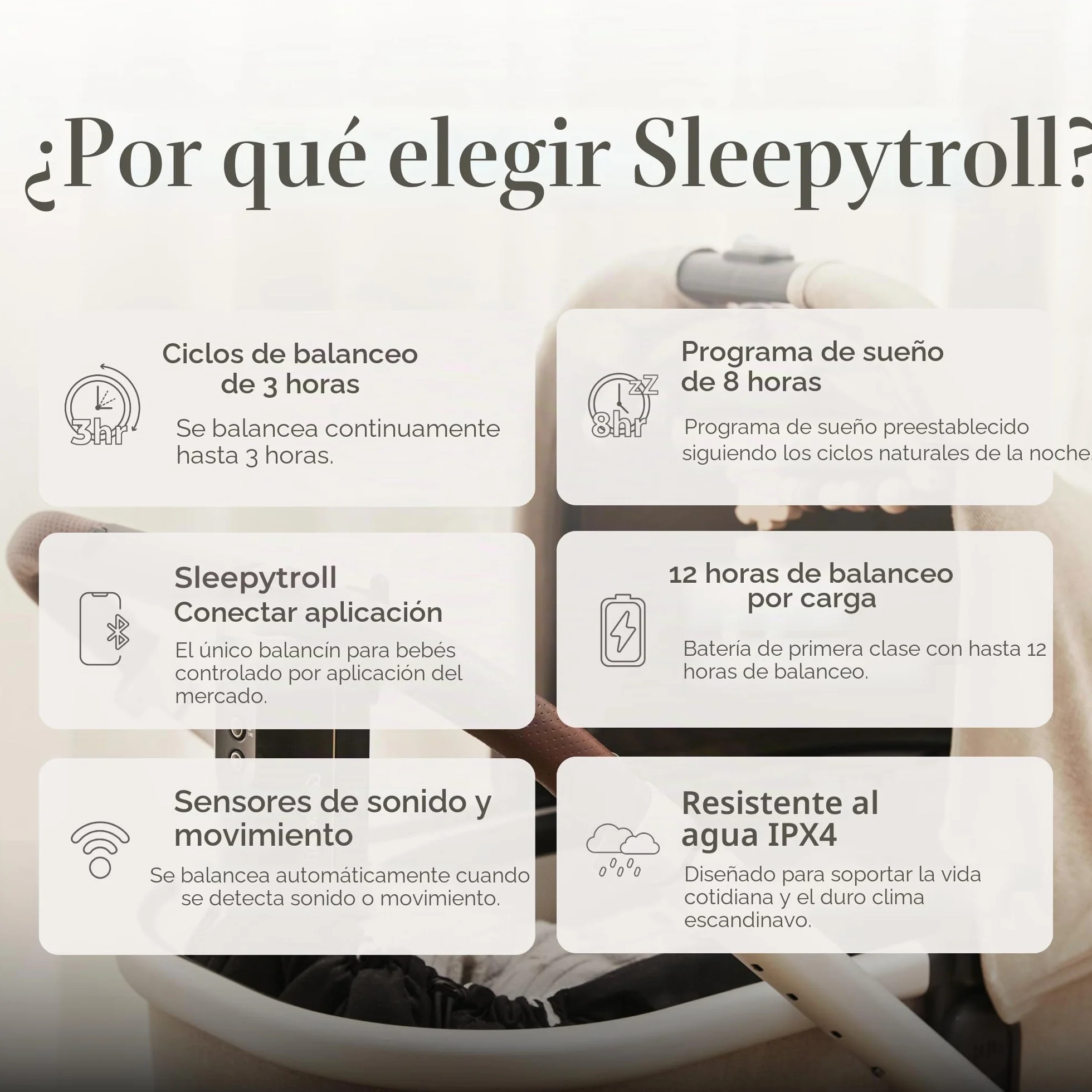 Sleepytroll Baby Rocker Gen2 Mecedora Recargable Sensores Movimiento Sonido Control App Balanceo 3h Batería 12h CE FCC