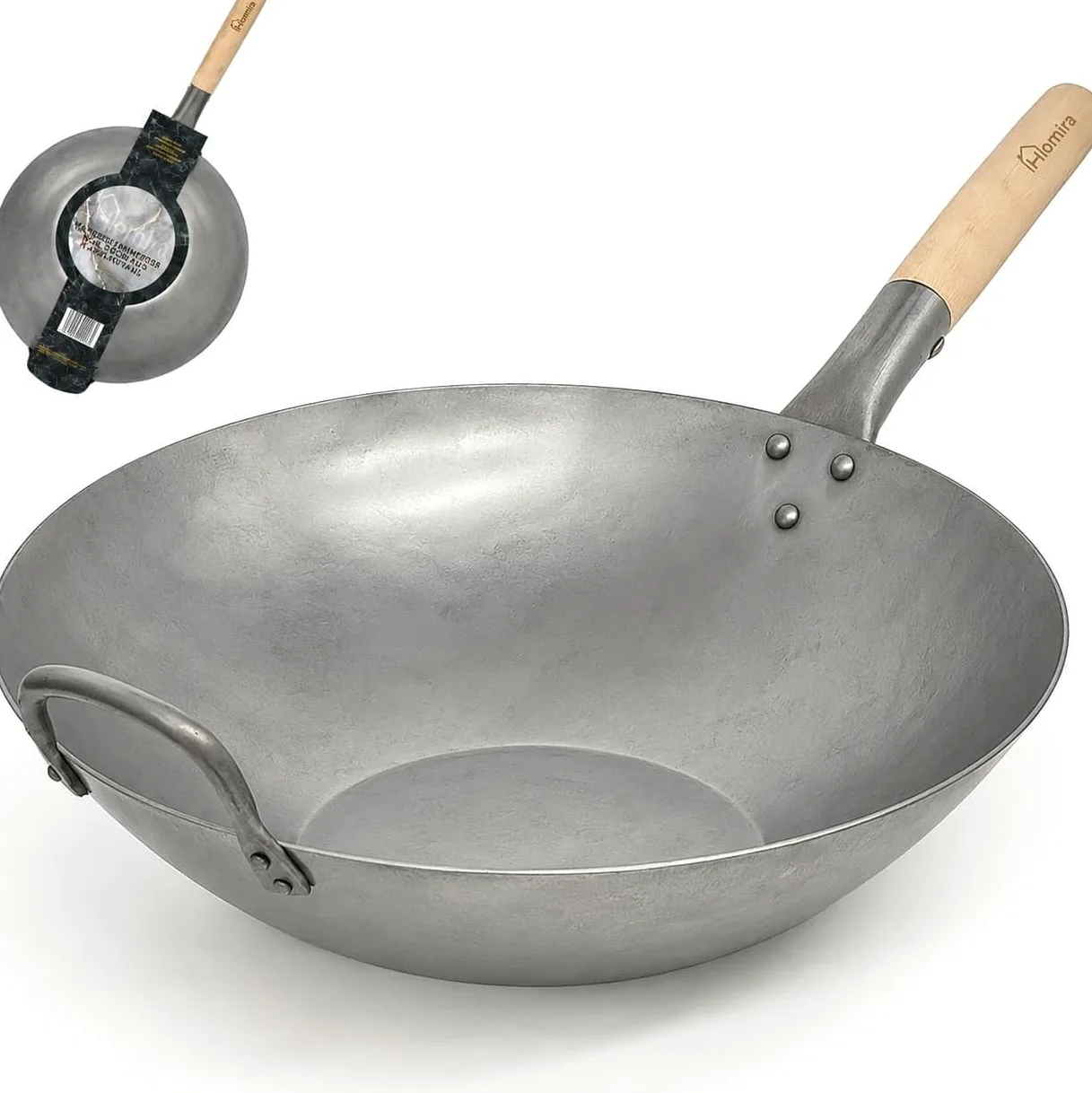 Homira Wok de Acero al Carbono de 36 cm, Martillado a Mano, Fondo Plano y Mango de Madera – Sartén Wok Tradicional sin PFAS para Inducción, Gas, Vitrocerámica, Barbacoa y Exterior (Fondo Plano)
