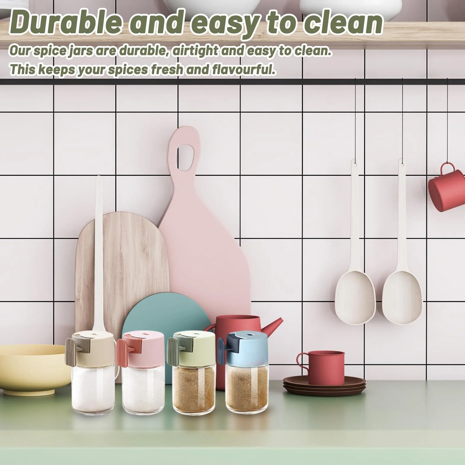 Juego de 4 Botes Especias con Asa, 100 ml Tarros de Especias con Dosificador de Sal y Pimentero, Dosificación Precisa de 0,5 g para Salero de Cocina Dispensador de Azúcar