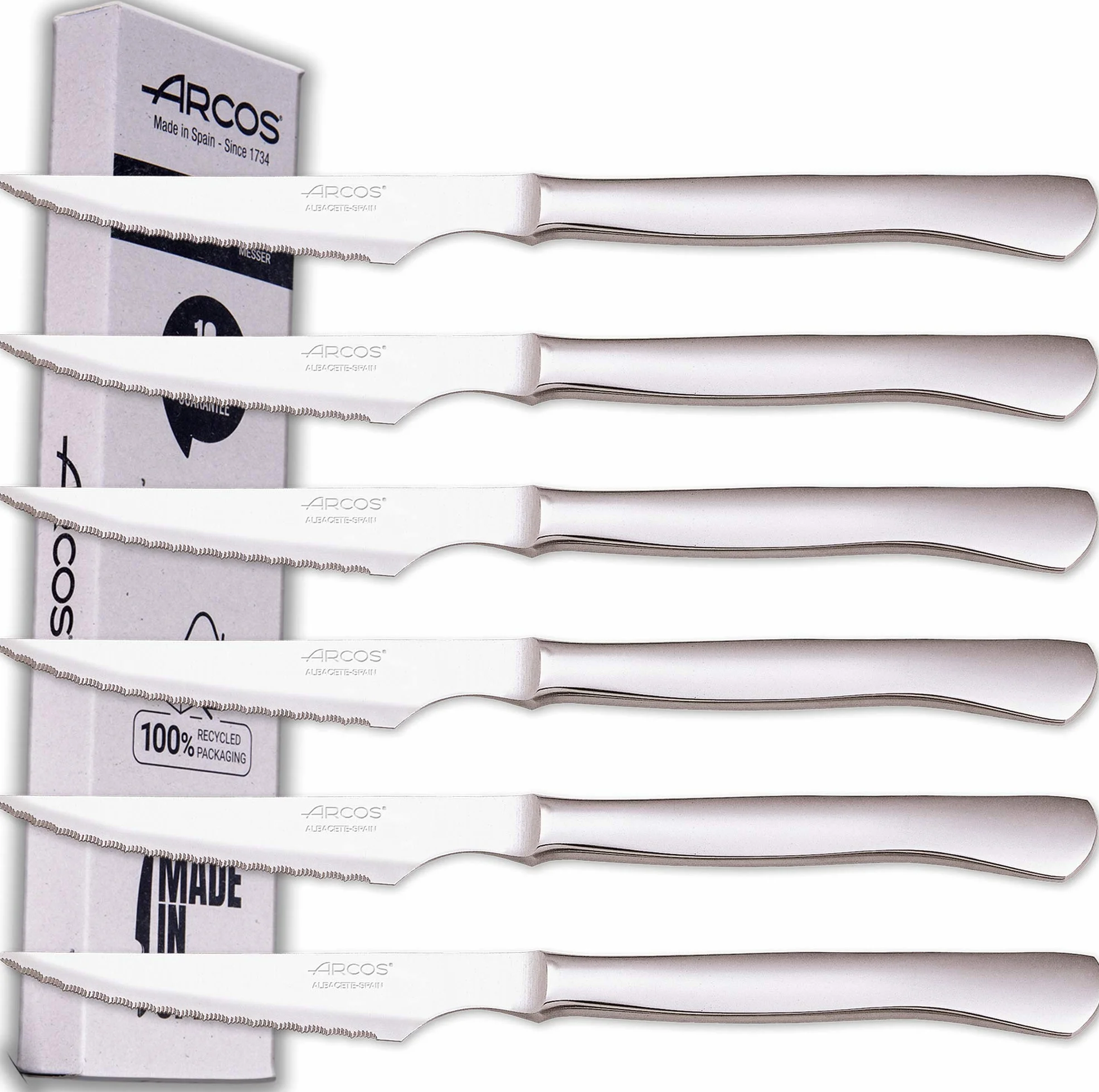 Arcos Juego Cuchillos Carne | 6 Piezas | Cuchillos carne cuchillo chuleteros | cubiertos acero inoxidable | Hoja 110 mm | mango monobloque | aptos lavavajillas | Caja Envase Ecológico
