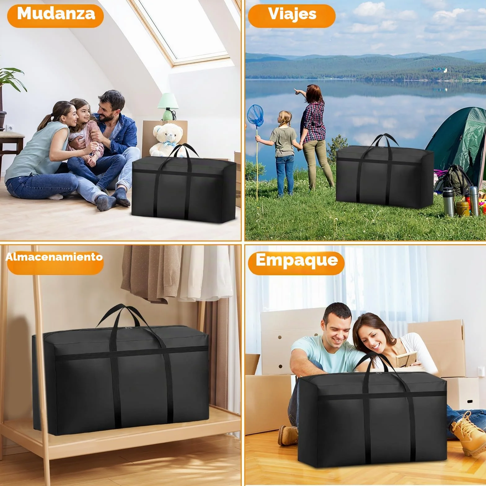 KOMABLEN 4 Piezas 180L Bolsas Almacenaje Ropa, 600D Oxford Impermeable Cajas para Guardar Ropa con Cremallera y Asa, Negro Plegable Bolsas Mudanza Grandes para Edredones, Mantas