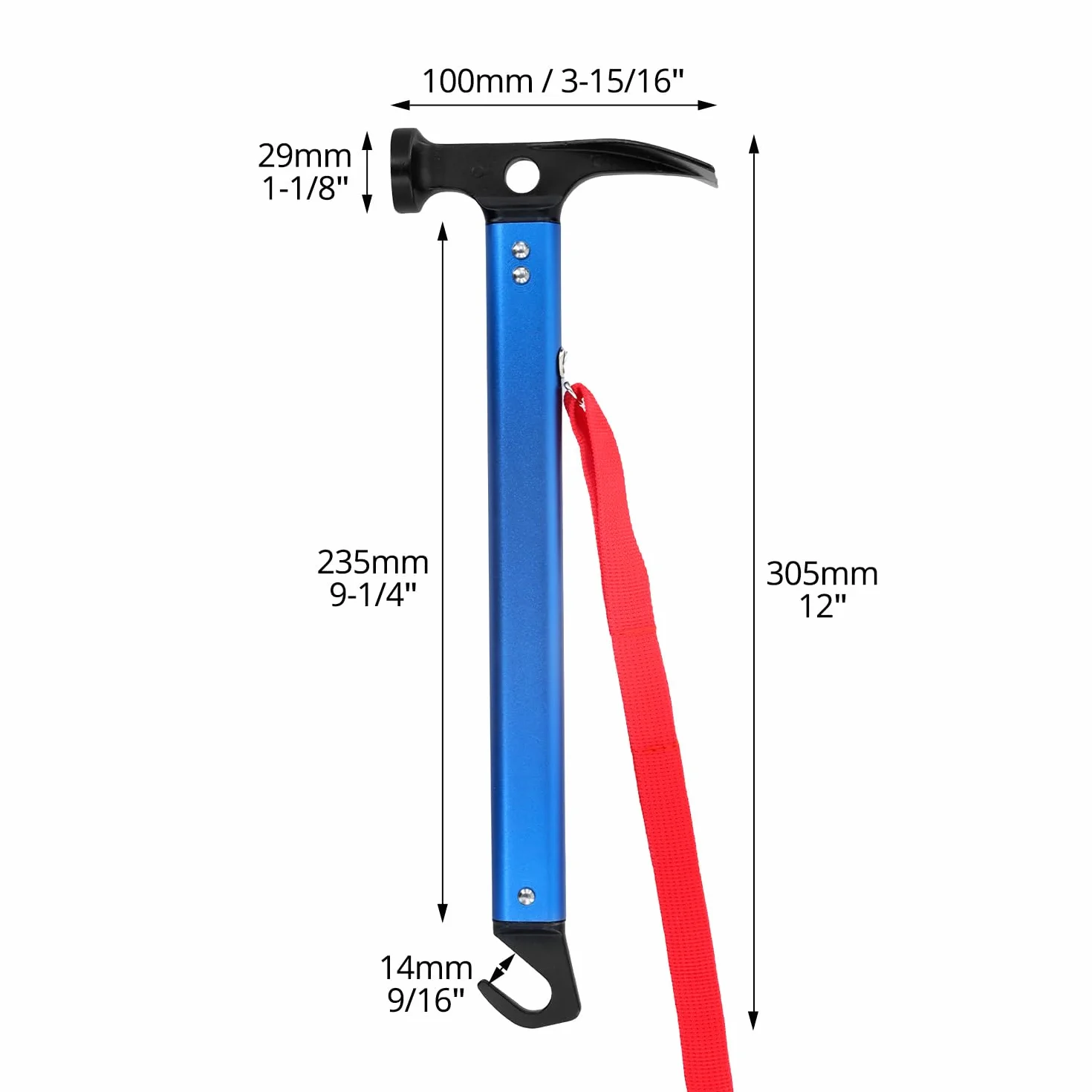 QWORK Martillo Camping 30.5 cm Aluminio Multifuncional Azul 430 gramos