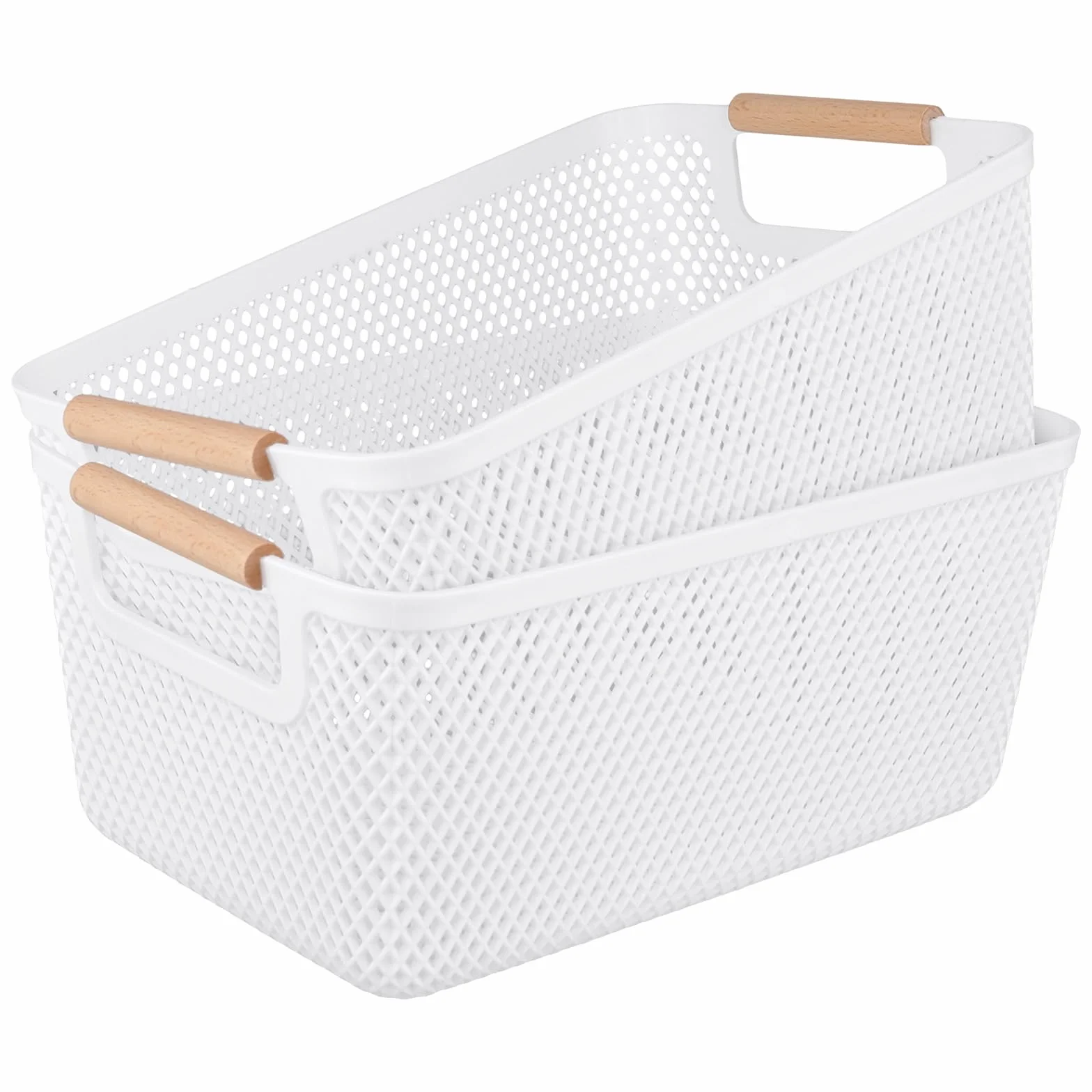 8 cajas de almacenamiento blancas sin tapa de plástico, con asas de madera maciza y laterales ventilados, organizadores para baño, cocina, hogar y lavandería