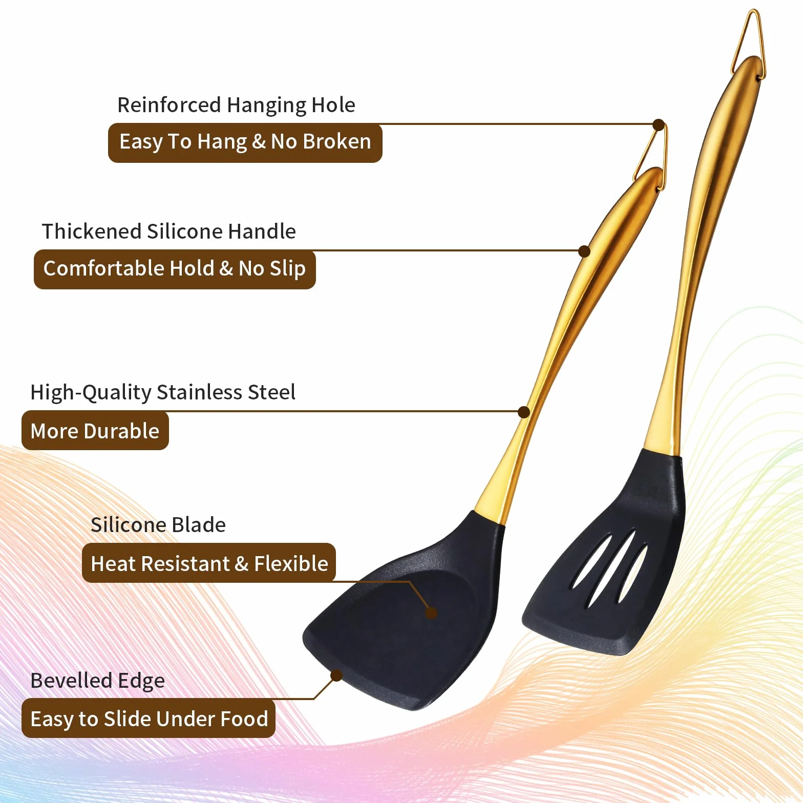 TEHAHA - Paquete de 2 espátulas de silicona, espátula de silicona de grado alimenticio y ranurada, espátula de silicona resistente al calor con mango de acero inoxidable, utensilios de cocina