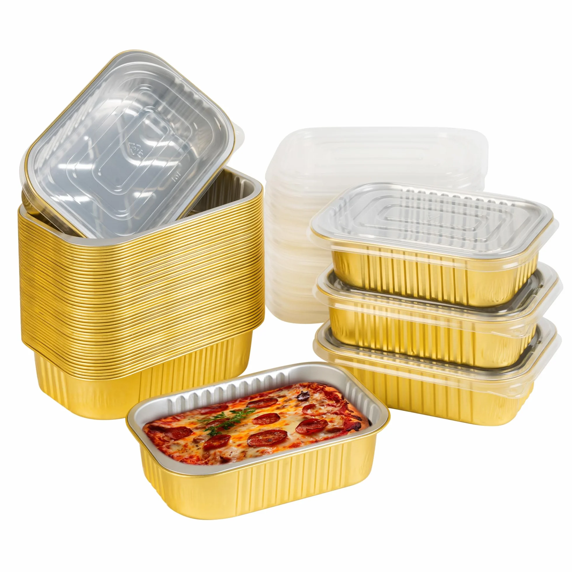 JARDLITE Sartenes pequeñas de aluminio con tapas, paquete de 50 unidades, resistentes (6.3 x 4.4 pulgadas), capacidad de 1 libra, recipientes de papel de aluminio con tapas, sartenes desechables para