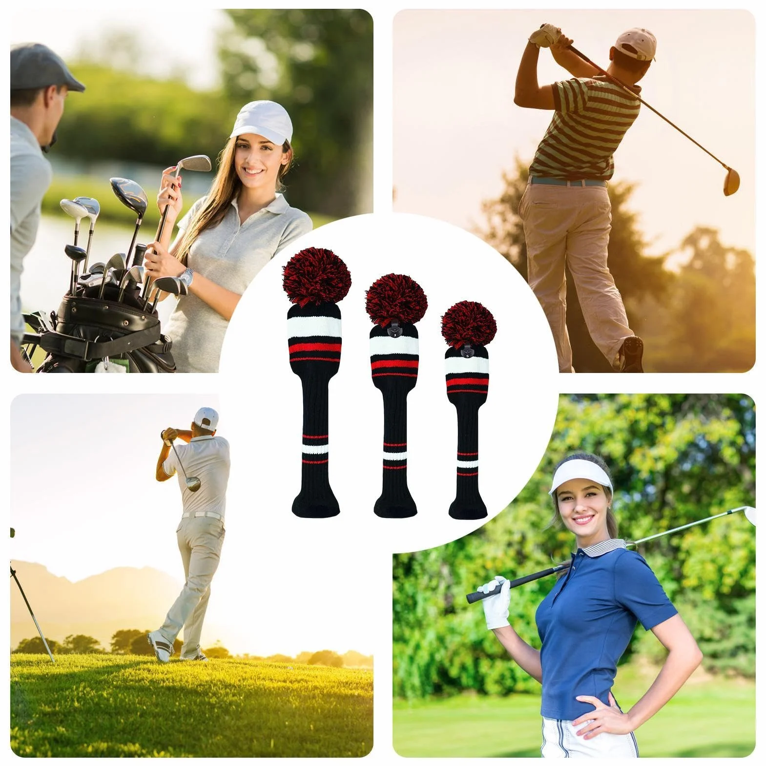 Fundas de Madera de Golf Paquete de 3, Protectora para Cabeza de Conductor Híbrido, Sombrero de Lana de Punto a Rayas, Elástico Antiarañazos, Lavable