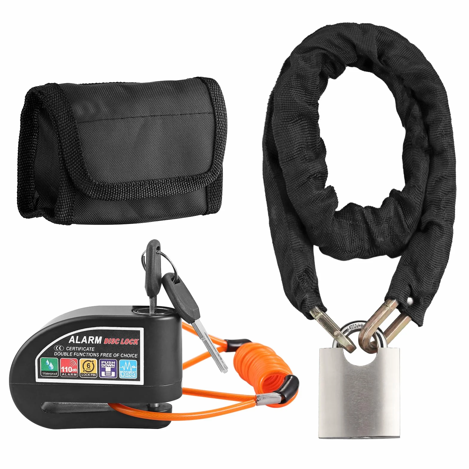 Justech Candado Moto Disco 110 DB Alarma 2 Modos + Candado Cadena Cable Recordatorio Bolsa Transporte Antirrobo Impermeable Alta Seguridad