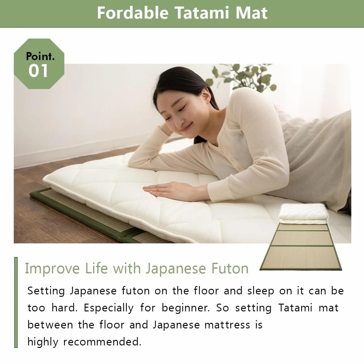 EMOOR Conjunto de Colchón Futón Japonés y Tatami Plegable Premium CLASSE 100 x 200 cm, Tapete para Piso Sikibuton Igusa Natural