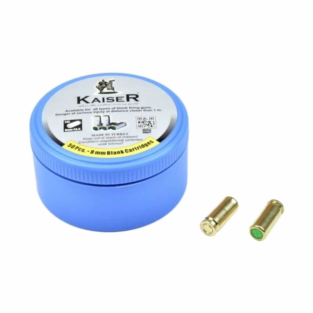 Kaiser 8mm Cartuchos Fogueo Pak 50 Unidades, Municion Detonadora Pistola Compatible, Casquillo Metalico