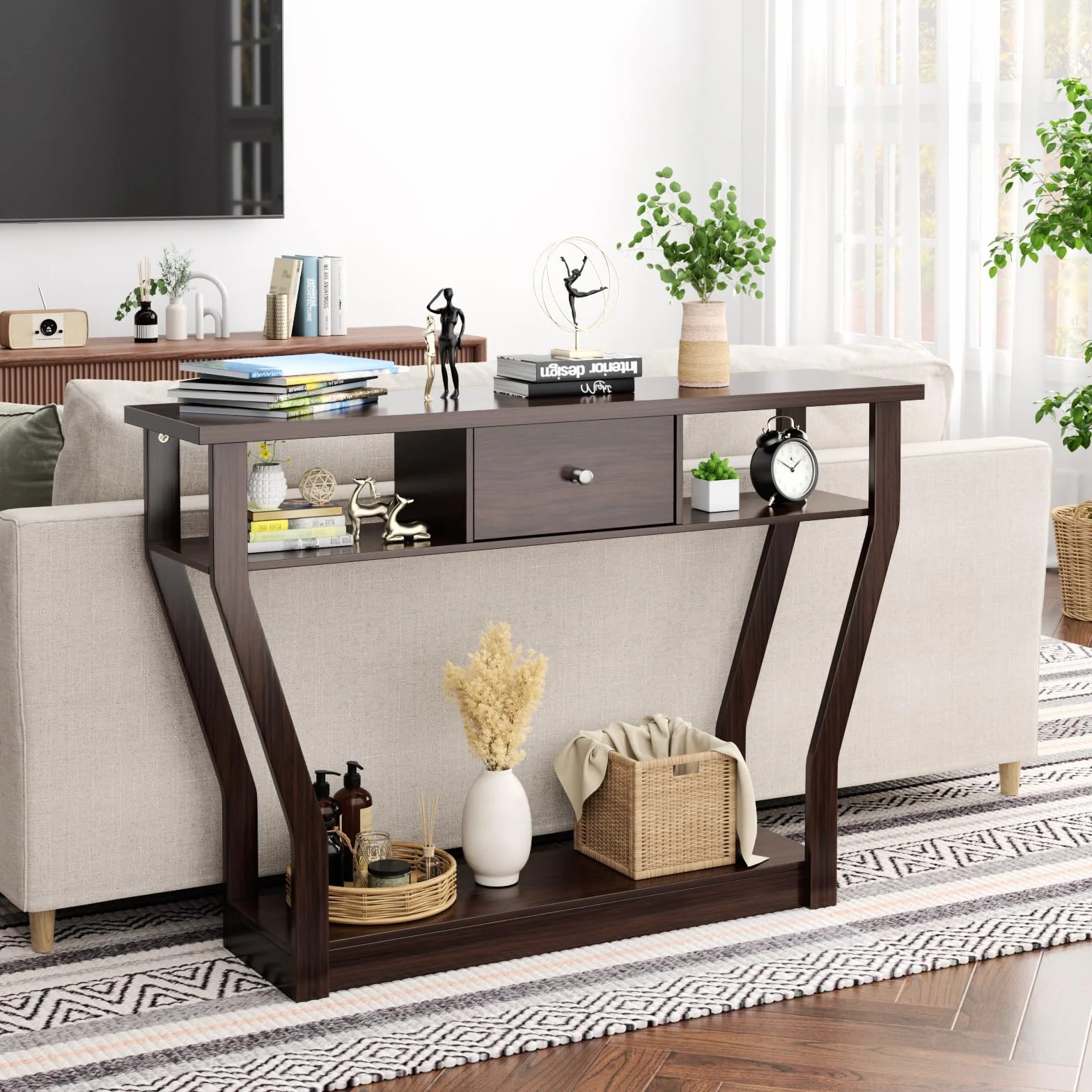 GOPLUS Mesa Consola de MDF Anti-Bascular con Cajón y 3 Estantes, Consola con Base Estable y Duradera, Mesa de Entrada para Dormitorio, Salón, 120 x 30 x 81 cm, Carga Máxima 50 kg (Marrón)