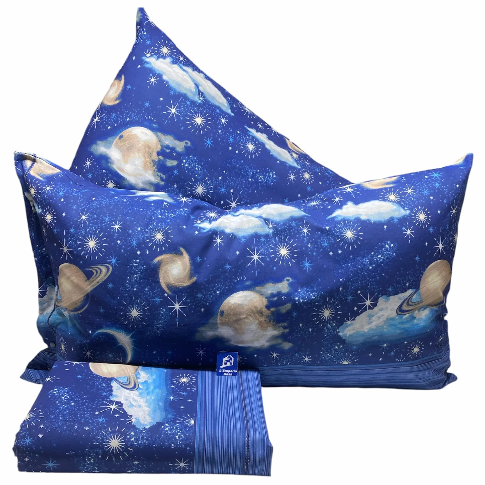 L'Emporio Casa Juego de sábanas completo de algodón 100 % italiano con puesta de sol, corales, estrellas, luna, peces, varios tamaños (planetas, matrimonial)