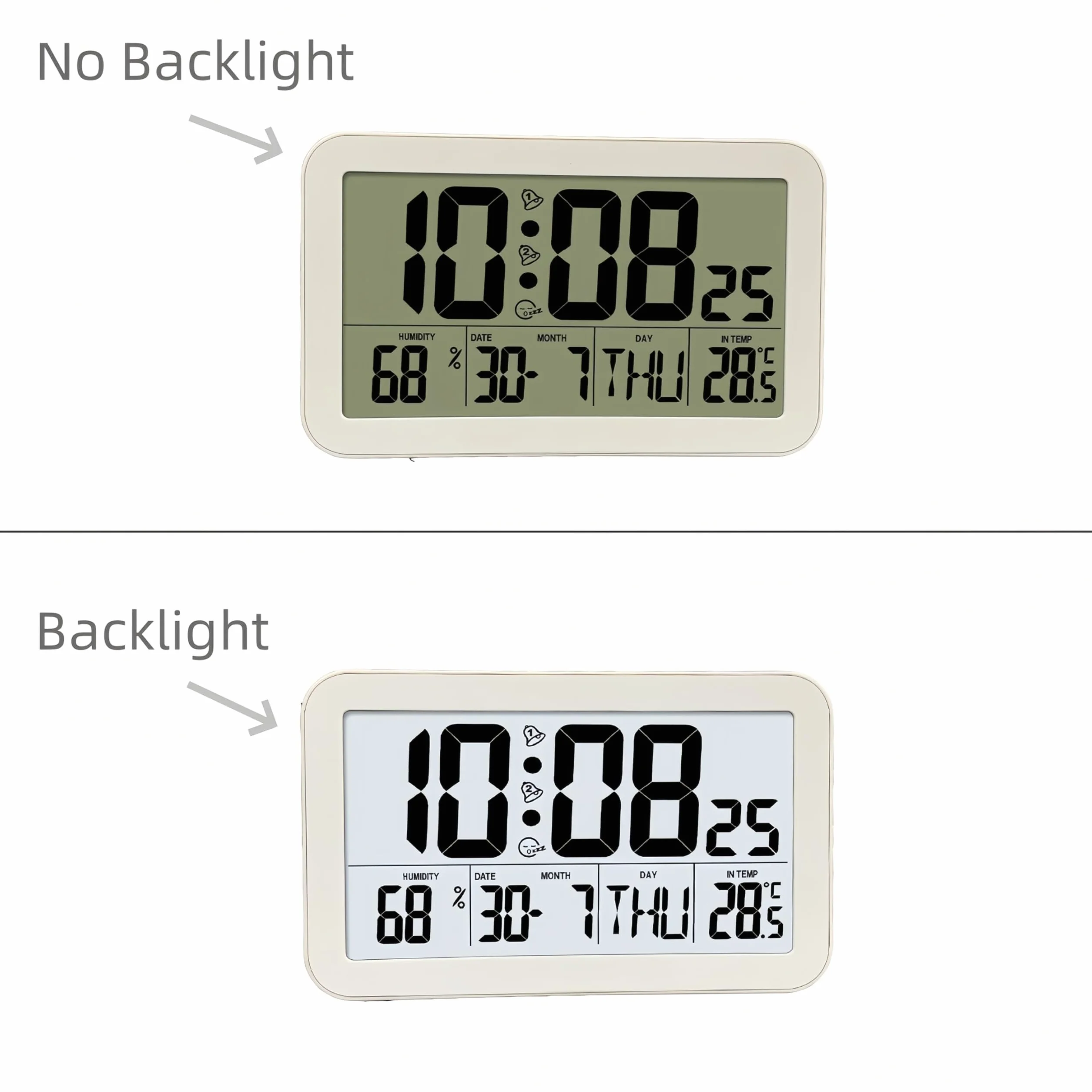 Despertador Digital con Snooze Retroiluminado, Visualización de Temperatura y Humedad, Visualización de Fecha y Semana, Pantalla Grande LCD HD, Alimentación por Batería para Dormitorio