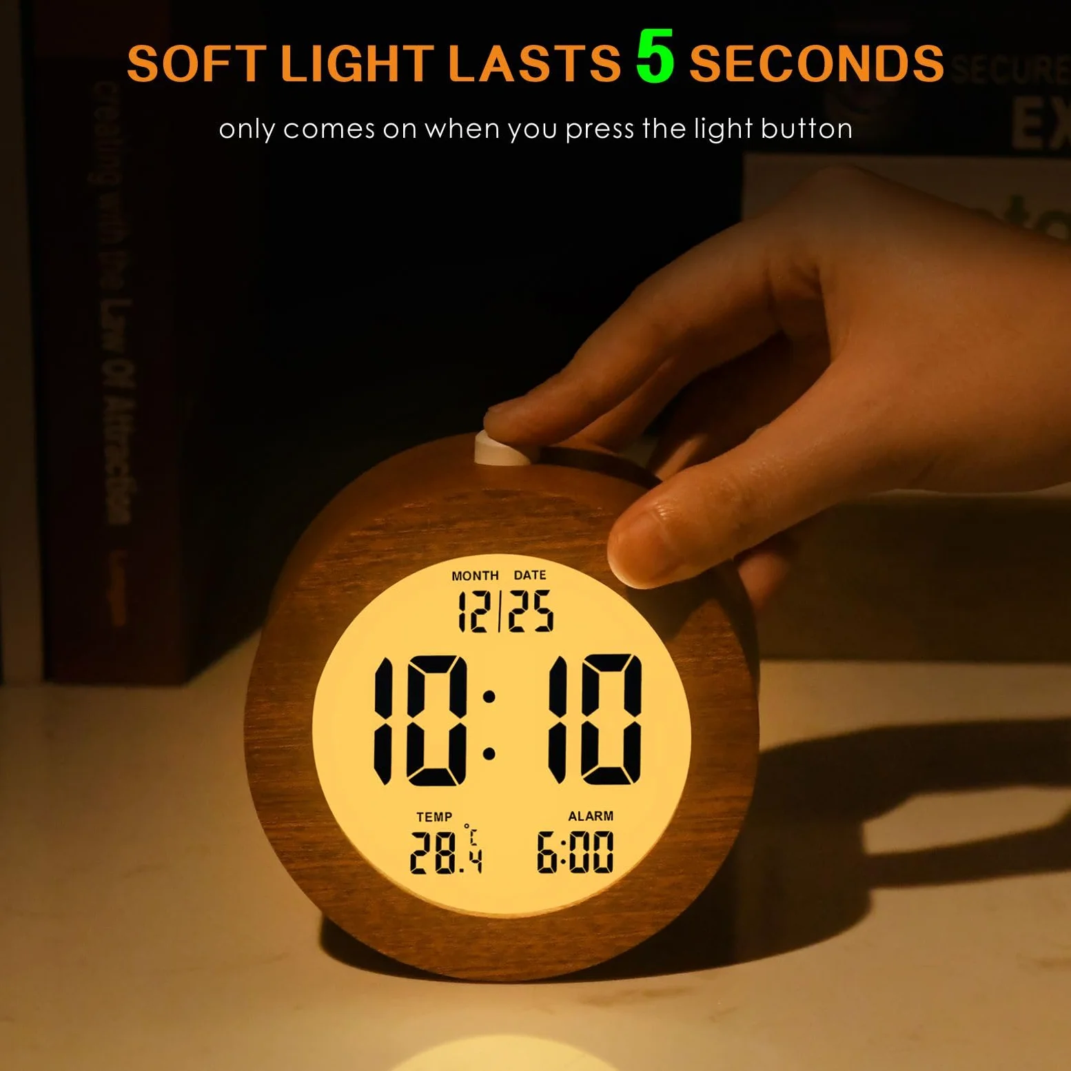 Plumeet Reloj despertador digital de madera para dormitorios, reloj despertador de madera de 4 pulgadas con repetición y luz nocturna, reloj electrónico LCD de escritorio que muestra la hora, fecha,