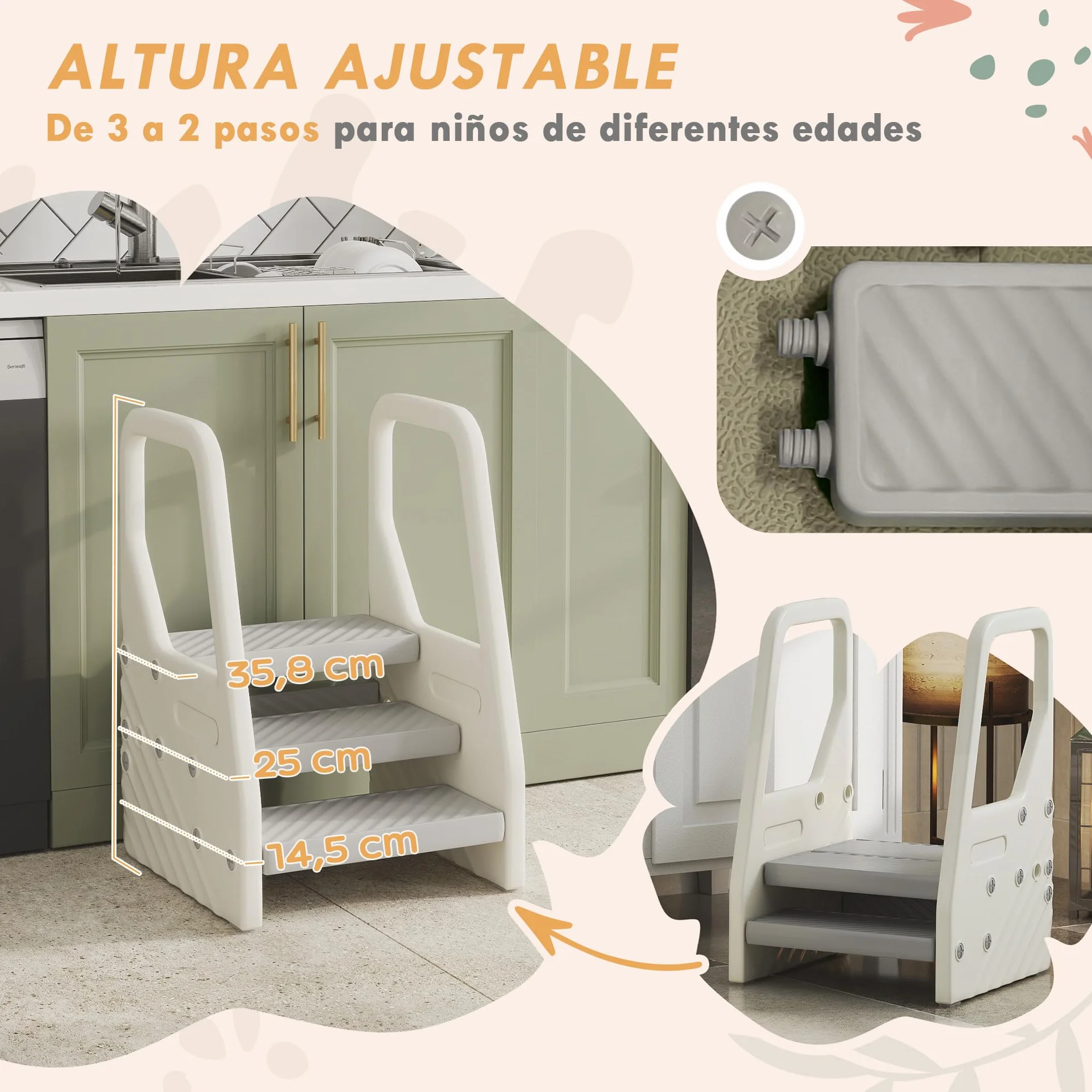 AIYAPLAY Taburete Ajustable para Niños 2-3 Peldaños, Torre de Aprendizaje, Escalera Antideslizante, Gris