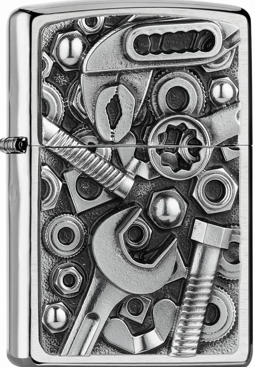 Zippo Sturmfeuerzeug - Screws and Tools 3D, Brushed Chrome, Emblem - Nachfüllbar - Wiederverwendbar - Windfestes Design - Geschenkbox - Made in USA