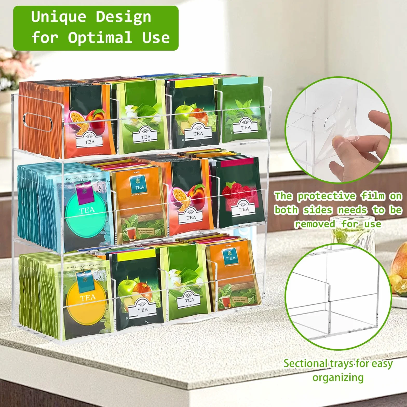 Organizador Infusiones de Acrílico, Caja Infusiones Vertical con 12 Compartimentos para 216 Bolsas de Té, Estante de Té Contenedores para Paquetes de té, Café, Azúcar