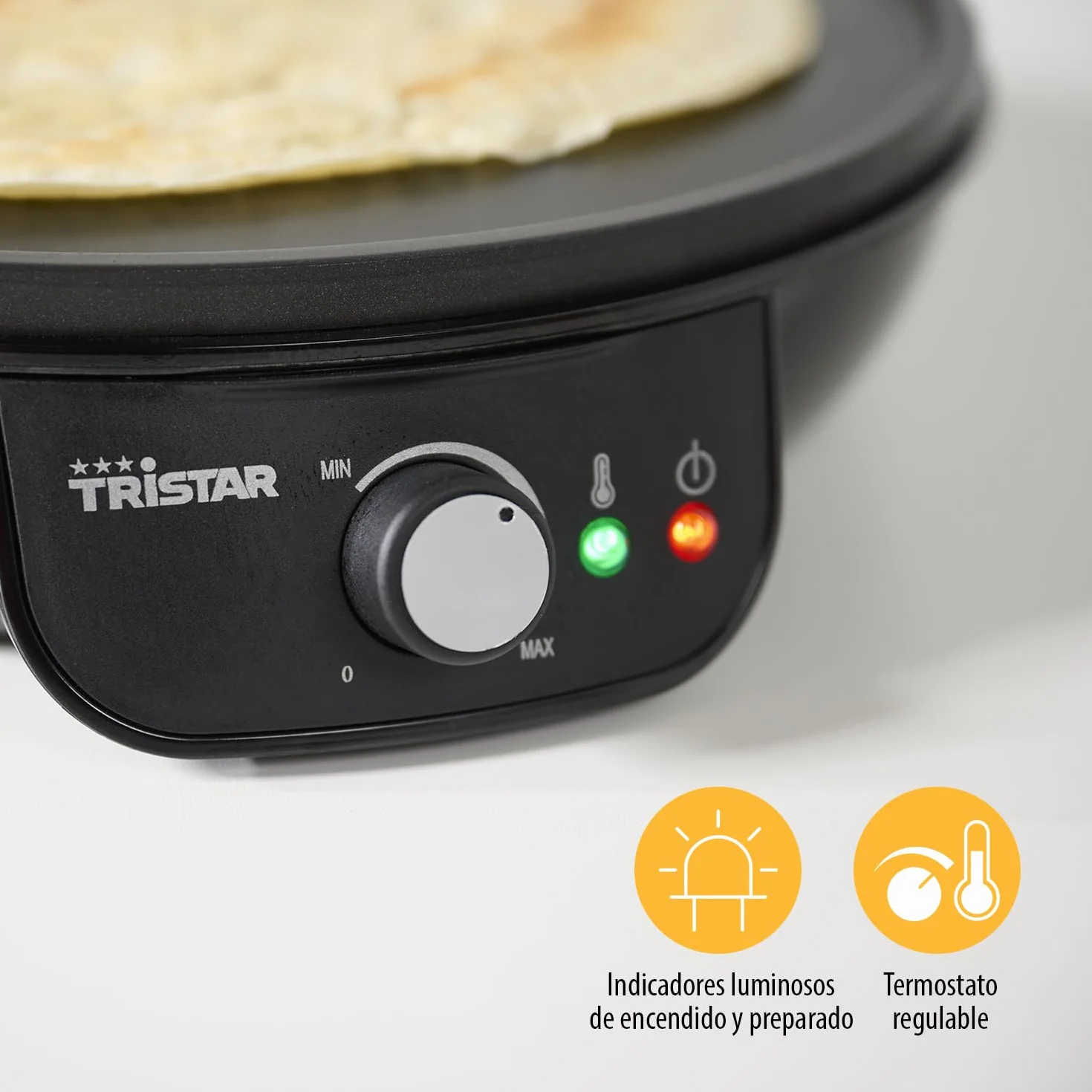 Tristar BP-2637 Crepera eléctrica, temperatura regulable, superficie antiadherente, 30 cm de diámetro, incluye espátula, 1000 W, Baquelita, Negro