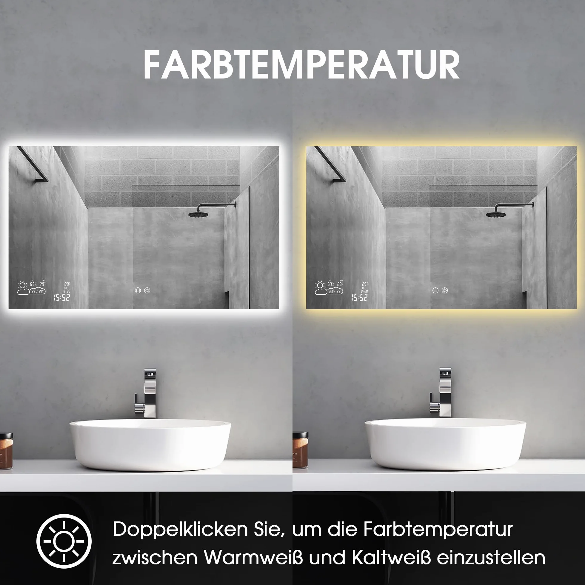 byecold Espejo de baño con iluminación LED 100x60 cm, Calefacción con estación meteorológica, WiFi, Espejo de baño, Calefacción con Interruptor táctil, Horizontal