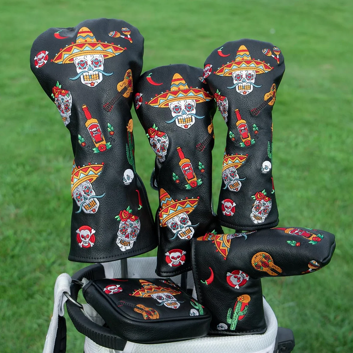Juego de Fundas para Palos de Golf de Piel con Estampado de Calaveras de azúcar