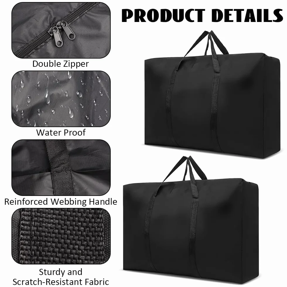 Zyren 2 bolsa de mudanza de 100 l, con cremallera, color negro Oxford, impermeable, para almohadas, ropa y ropa de cama, almacenamiento de mudanzas