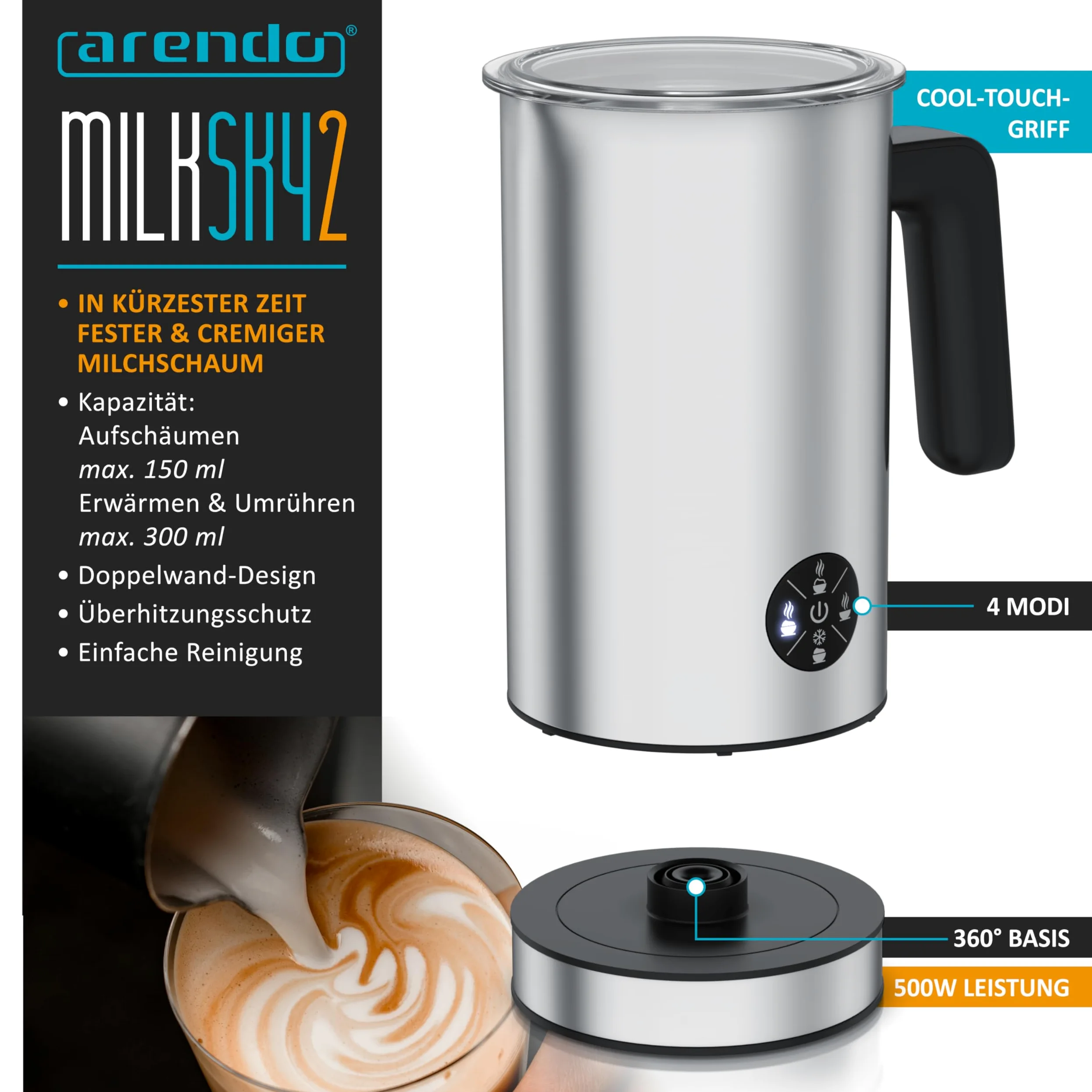 Arendo - Espumador de leche eléctrico 4 en 1 – Carcasa de doble pared – 4 programas – Espuma caliente y fría – Espuma cremosa y firme – 150-300 ml – Revestimiento antiadherente – Cappuccino Latte