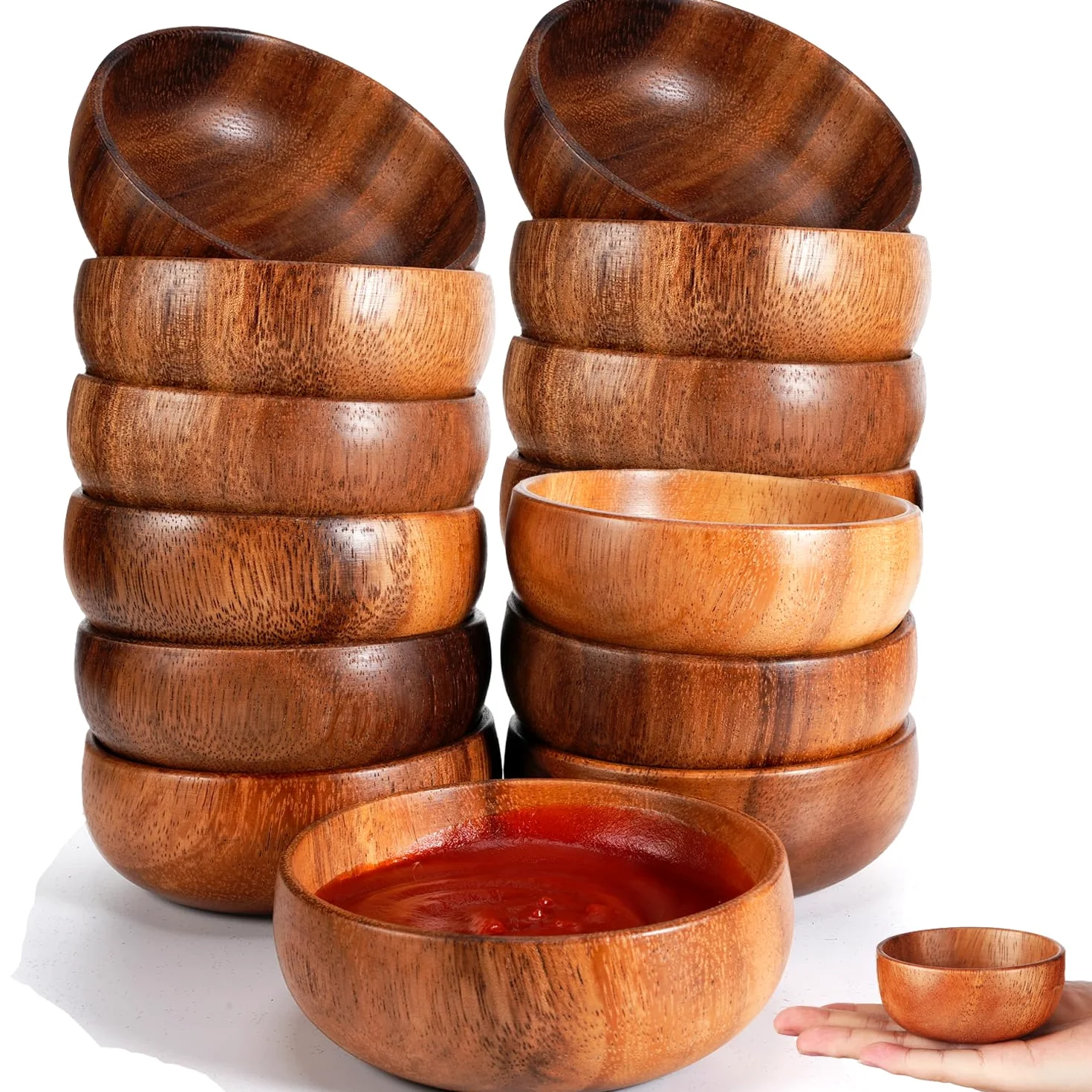 Skylety Cuencos de madera de acacia pequeños cuencos redondos de madera tallada a mano para servir palomitas de maíz, pasta, caramelos, cereales, coco, frutos secos, salsa, aperitivos, cocina (20