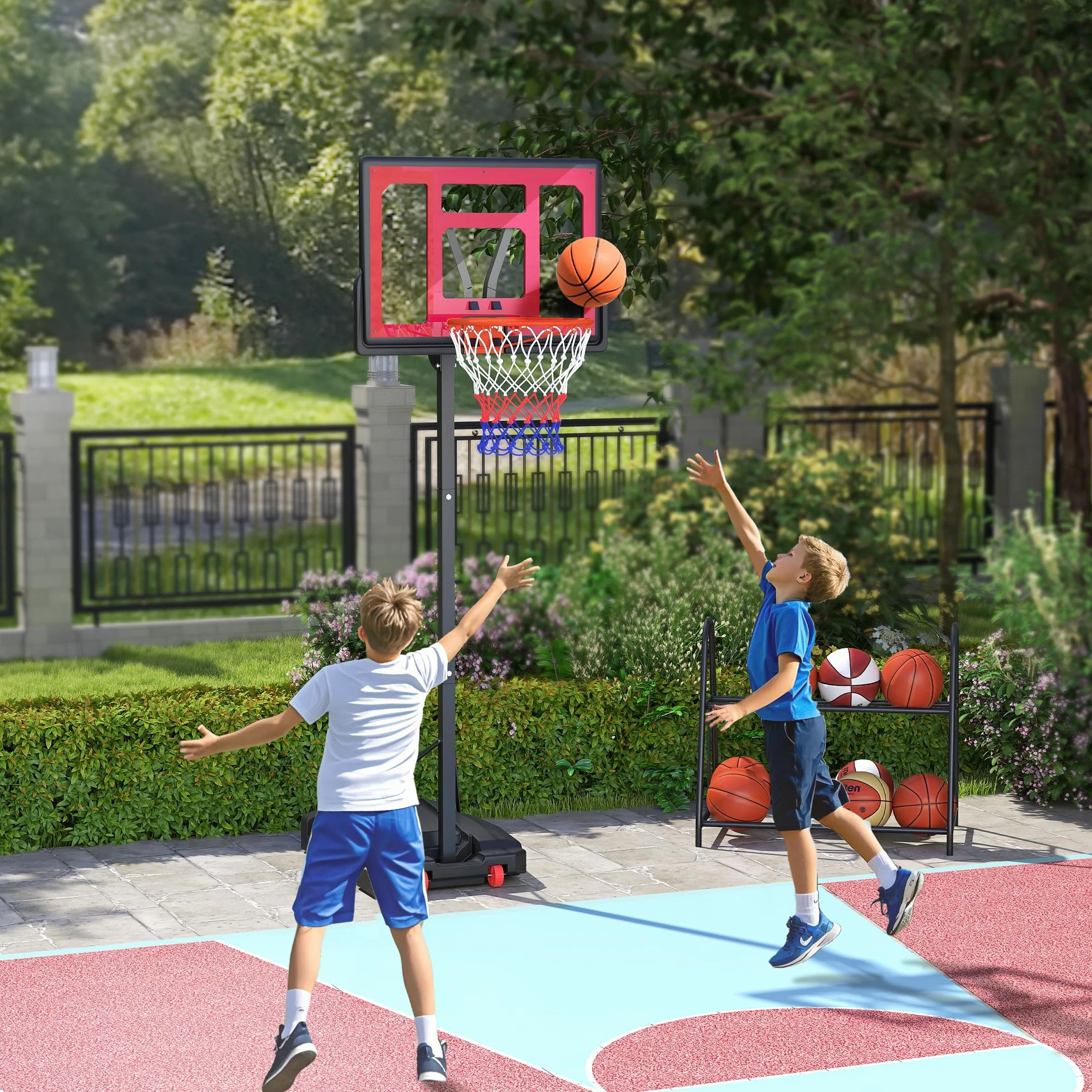 AIYAPLAY Canasta de Baloncesto Portátil Altura Regulable 200-260 cm Base Rellenable con Ruedas Rojo y Negro