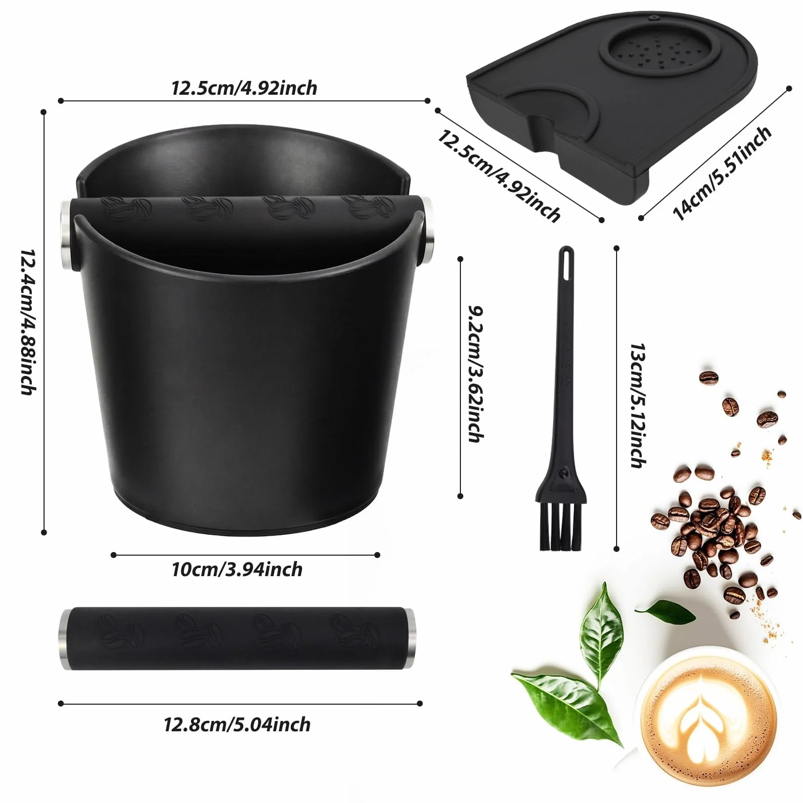 Coffee Knock Box, 12 x 12cm Cajon Posos Cafe, Caja para Posos de Café, Tapete de Prensado Antideslizante con Cepillo, Accesorio para Cocina y Cafetería, Negro