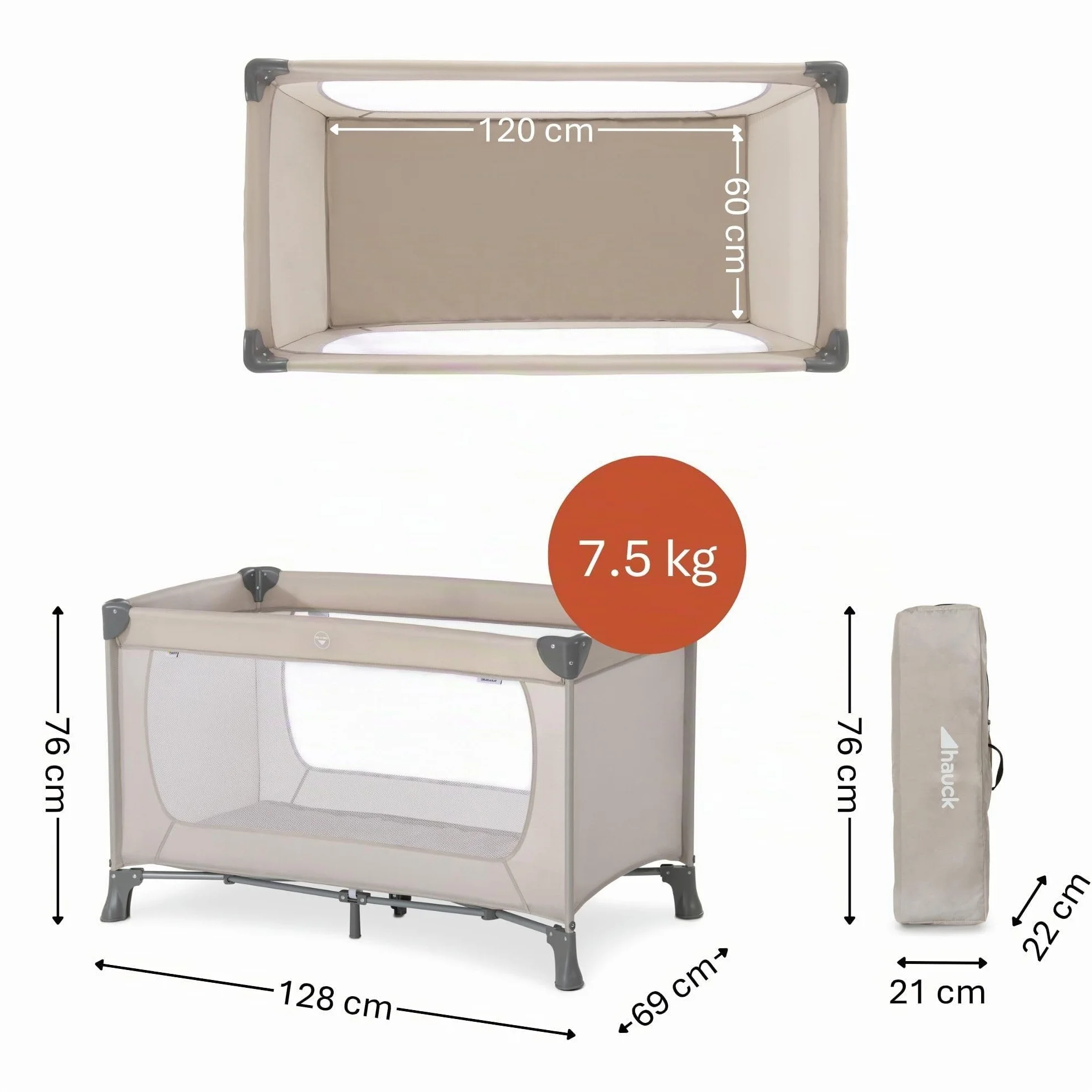 Hauck Dream N Play Travel Cot Foldable 120 x 60 cm up to 15 kg incl. Carry Bag Beige