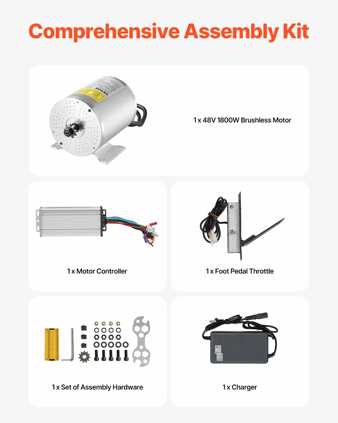 VEVOR Motor Eléctrico sin Escobillas 1800W 48V 4500 RPM Controlador de Velocidad Pedal Acelerador para Bicicleta Eléctrica