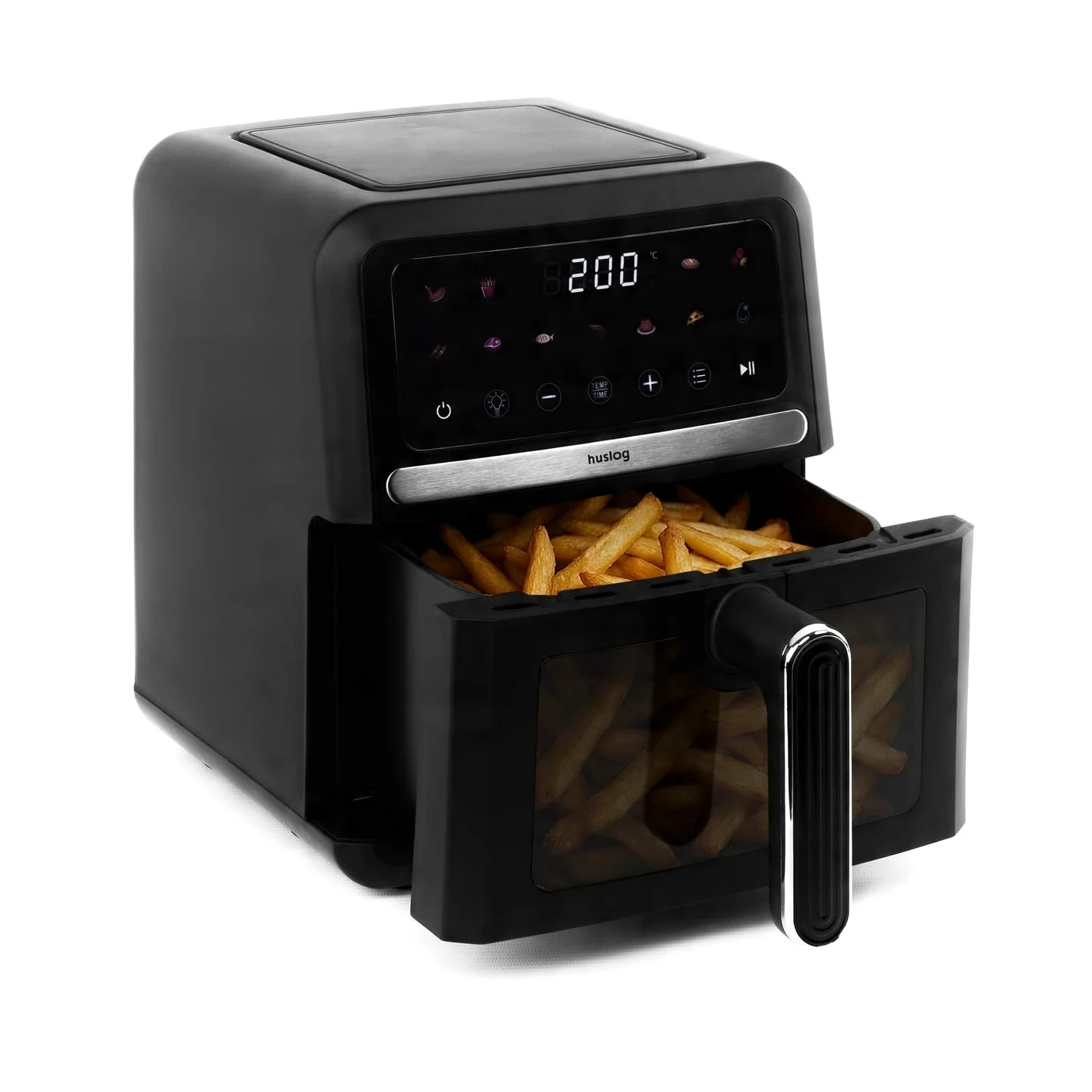 Freidora de Aire 5L 1500W, Air Fryer sin Aceite con 10 Programas Automáticos, 40–200°C, Pantalla LED Táctil, Cesta y Rejilla, Ventana de Visualización, Fácil Limpieza, Compacta, Negro