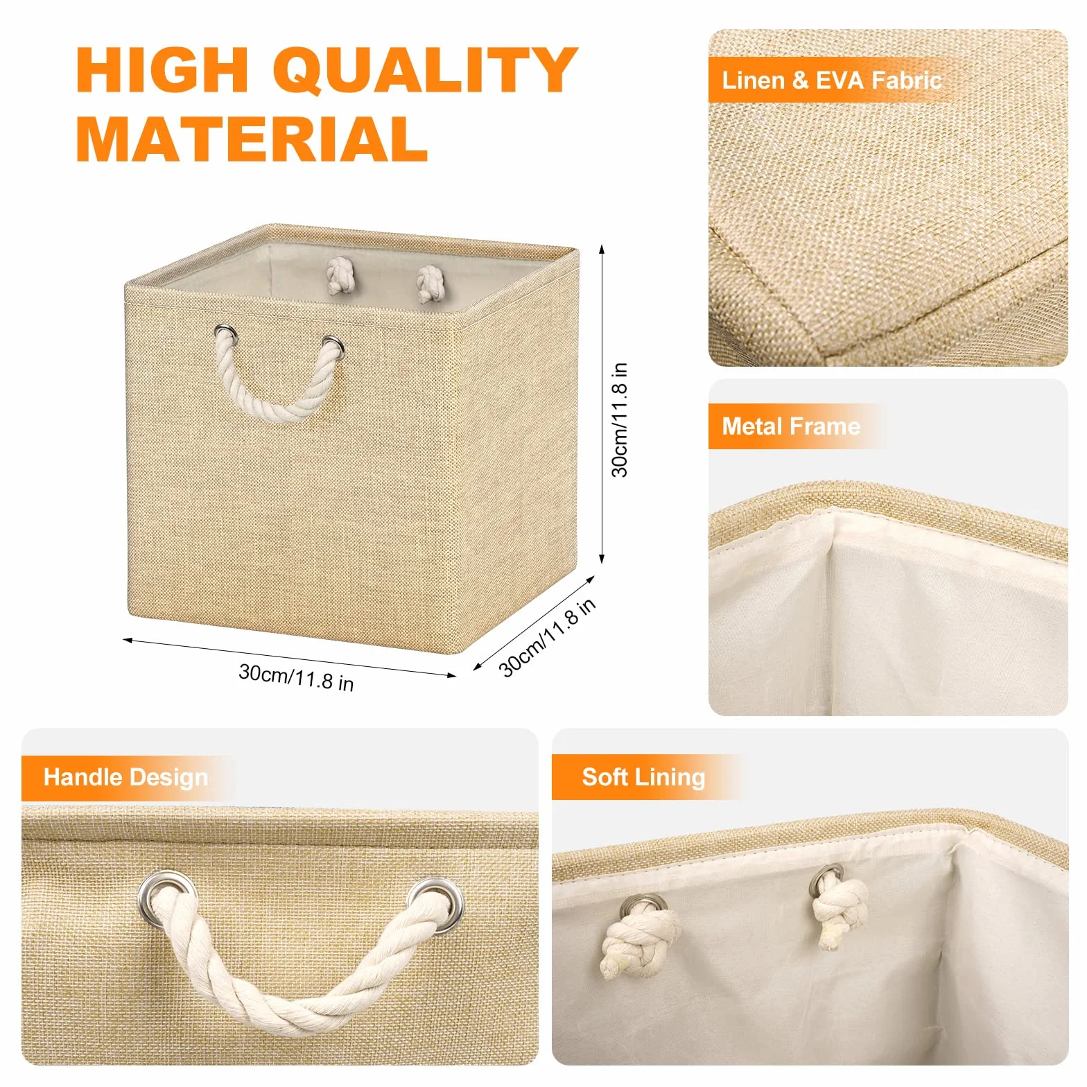 Juego de 4 Cajas Almacenaje, 30 x 30 x 30 cm, Cestas Organizadoras de Tela con Asas, Cubos de Almacenamiento Plegable para Ropa, Juguetes, Libros, Armario y Estanterías (Beige)