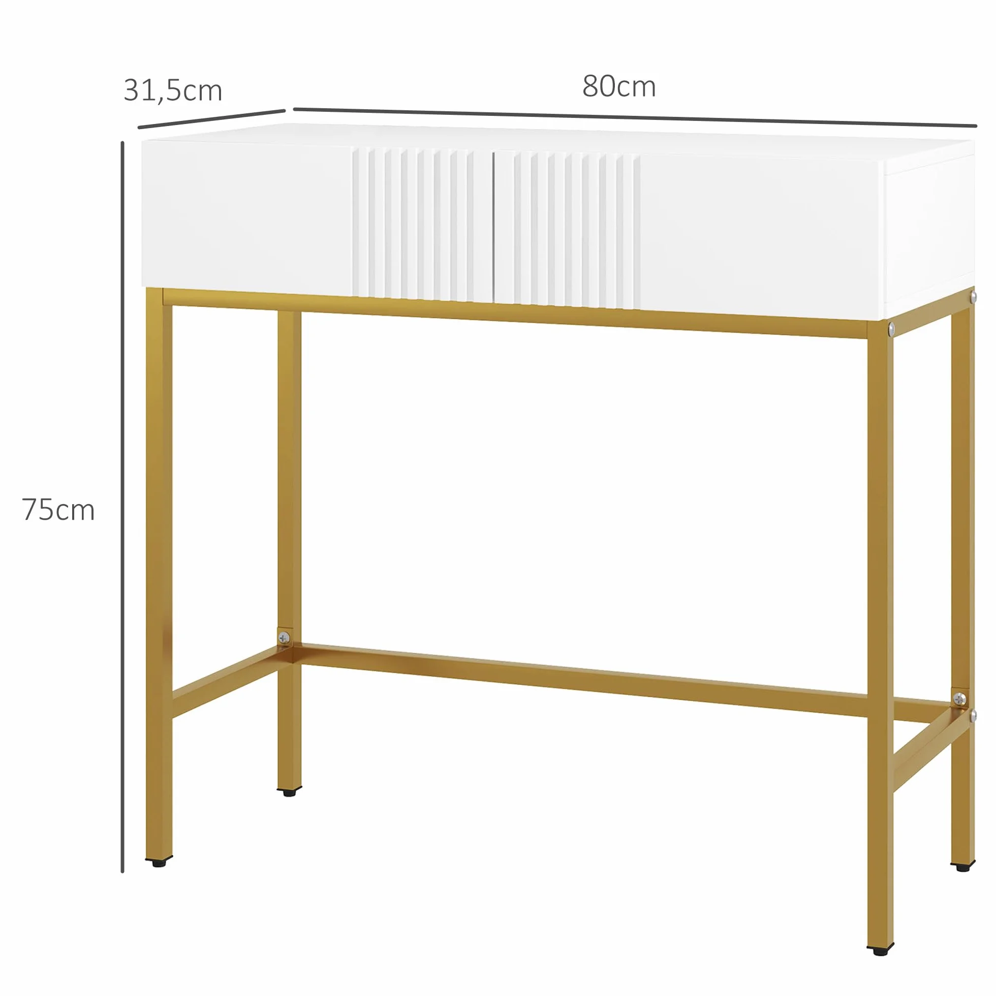 HOMCOM Mesa Consola Moderna Mesa de Entrada con 2 Cajones y Patas de Acero Dorada Antivuelco Mueble de Recibidor para Salón Pasillo 80x31,5x75 cm Blanco