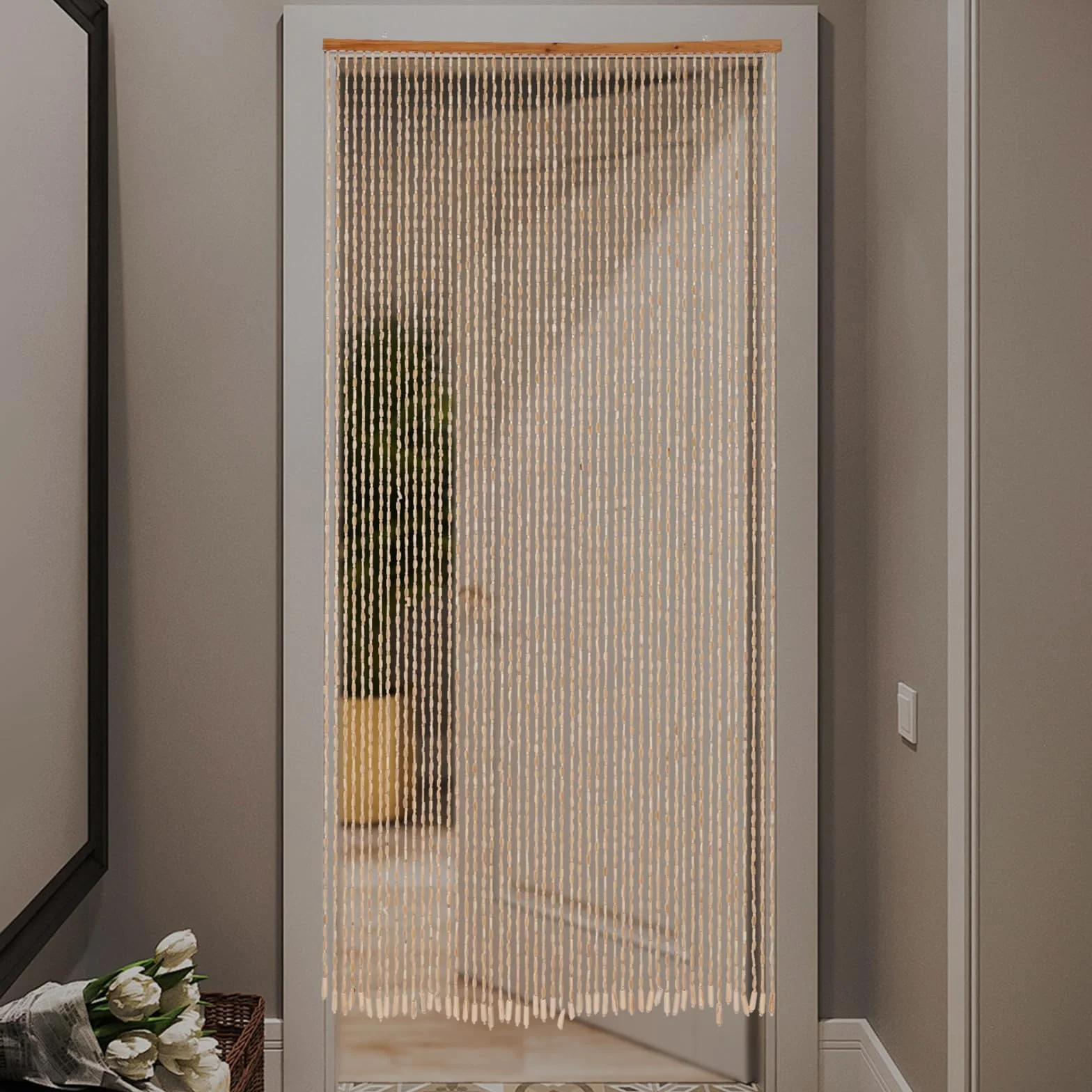 Cortina de cuentas de bambú para puerta, 52 hebras, retro, cortina de cuentas de madera natural, cortina de hilos, protección contra insectos, protección contra moscas, 90 x 200 cm