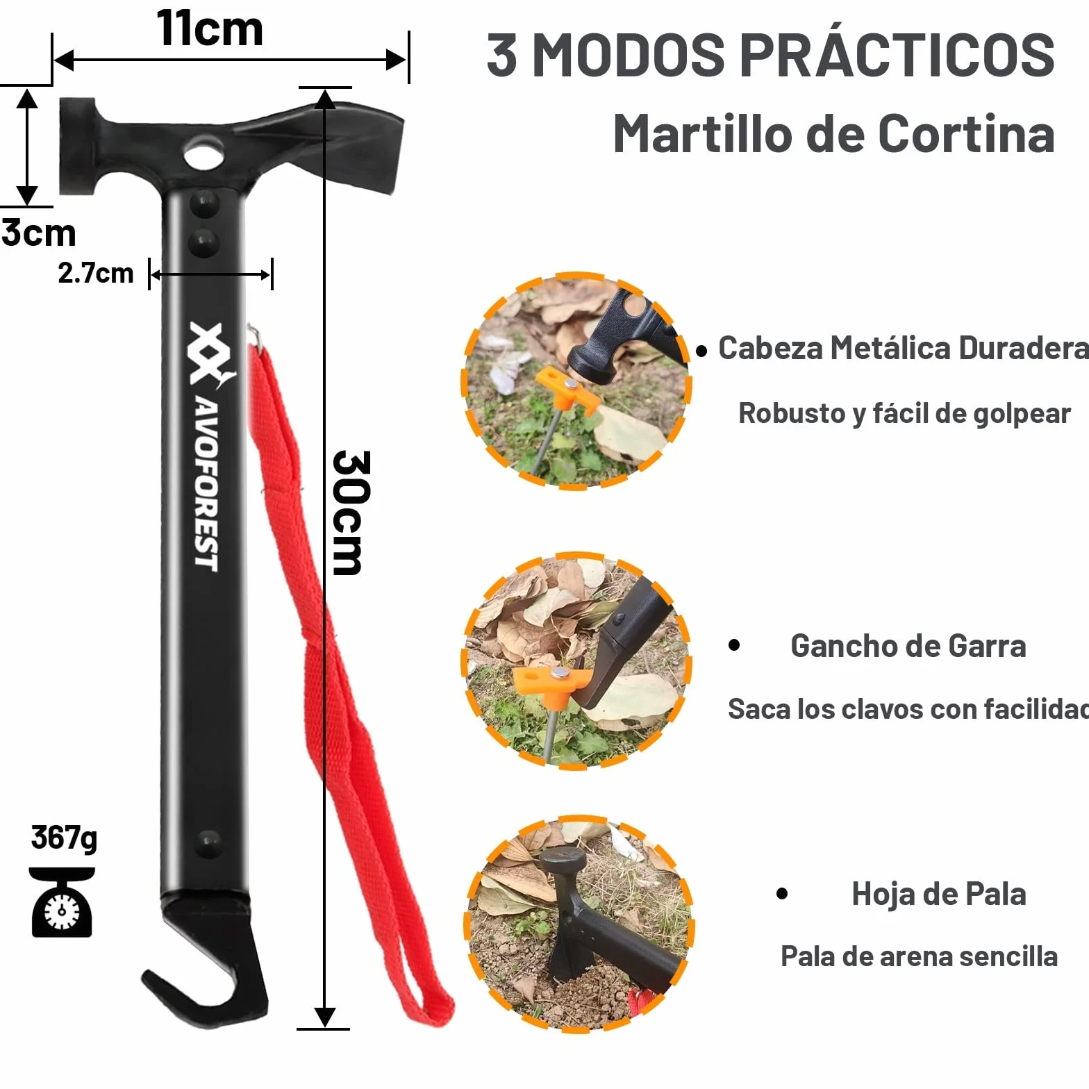 Martillo de Camping con 10 Piquetas para Tienda, Multifunción con Bolsa