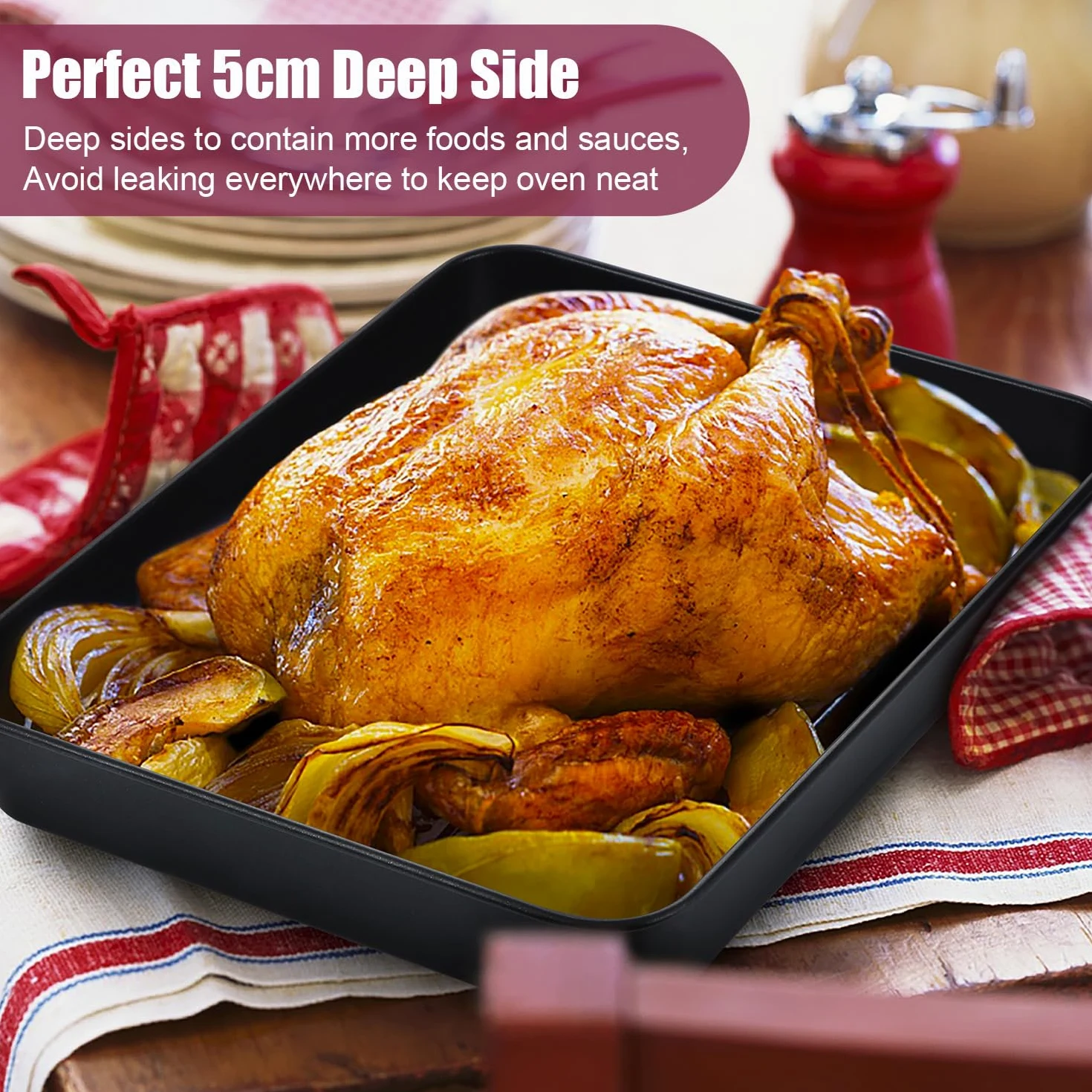 HaWare - Bandeja para horno, antiadherente, de acero inoxidable, juego de 2, molde rectangular profundo para asar y servir, 31,5 x 24,8 x 5 cm, saludable y no tóxico, resistente a la corrosión (negro)