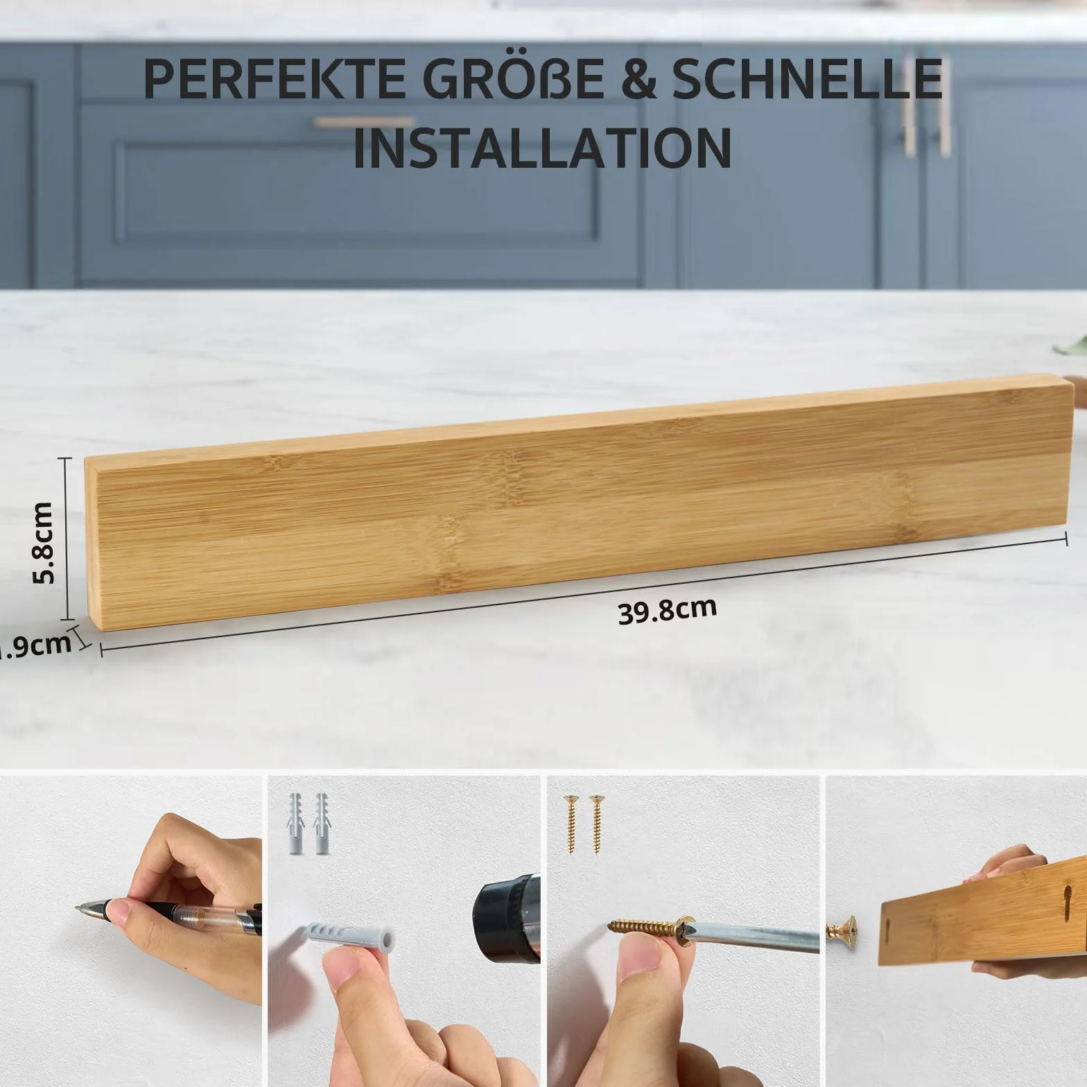 Tira Magnética para Cuchillos Hecha de Bambú con Imán Extra Fuerte 40x6x2cm, Bloque Magnético para Cuchillos, Soporte para Cuchillos, Portacuchillas Magnético para Utensilios Herramientas