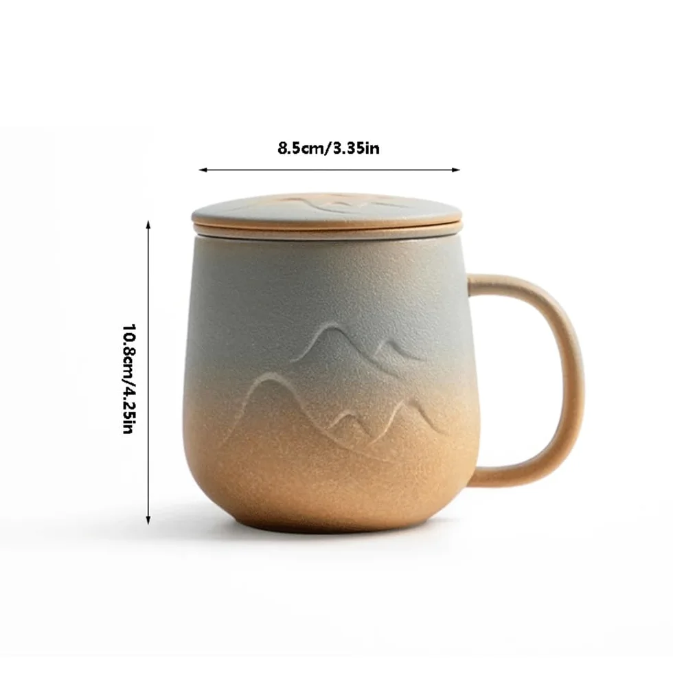 Taza de té Taza con tapa, juego de 1 taza café cerámica filtro interior, capacidad 11.84 oz for la oficina o for regalar a personas mayores(Negro)