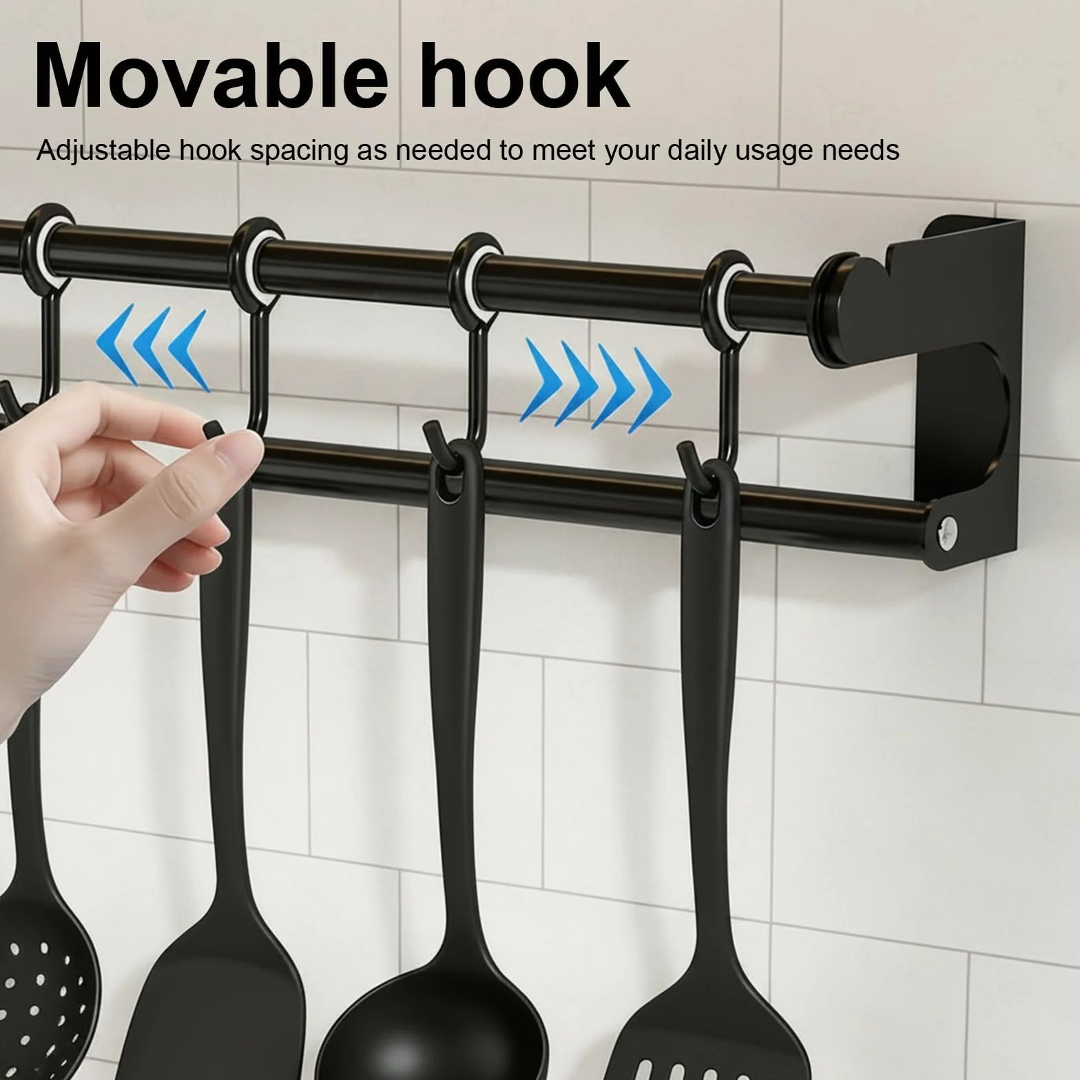 PARFCO Barra Cocina Colgar Utensilios 50 cm, Barra Colgante de Cocina Negra con 8 Ganchos Extraíbles, Porta Utensilios de Cocina, para Espacio para Espátulas, Tablas y Cucharas