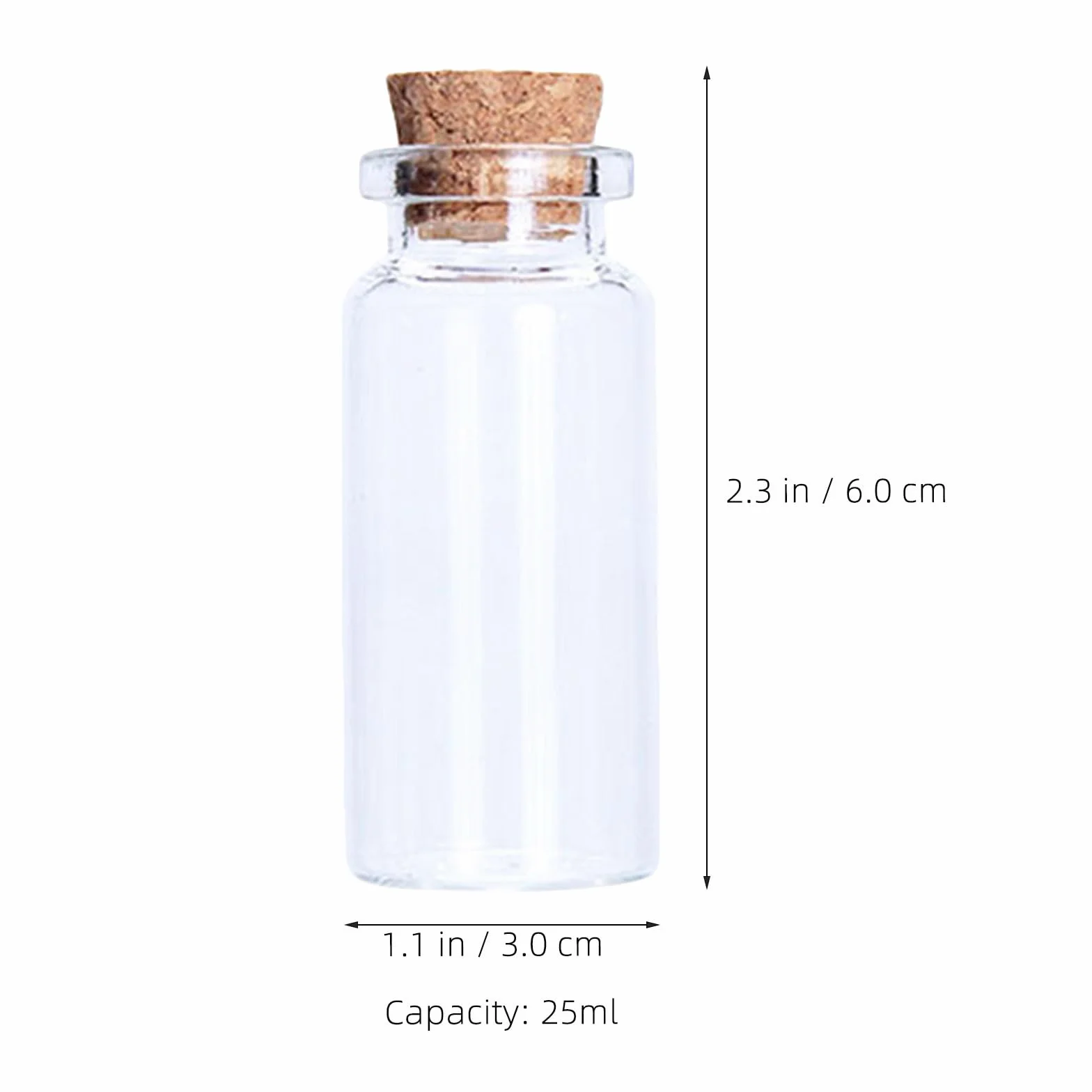 50 mini botellas de vidrio con tapa de corcho - 25 ml/0,8 oz. Pequeños recipientes para manualidades de bodas y fiestas - Botella transparente para mensajes y deseos.