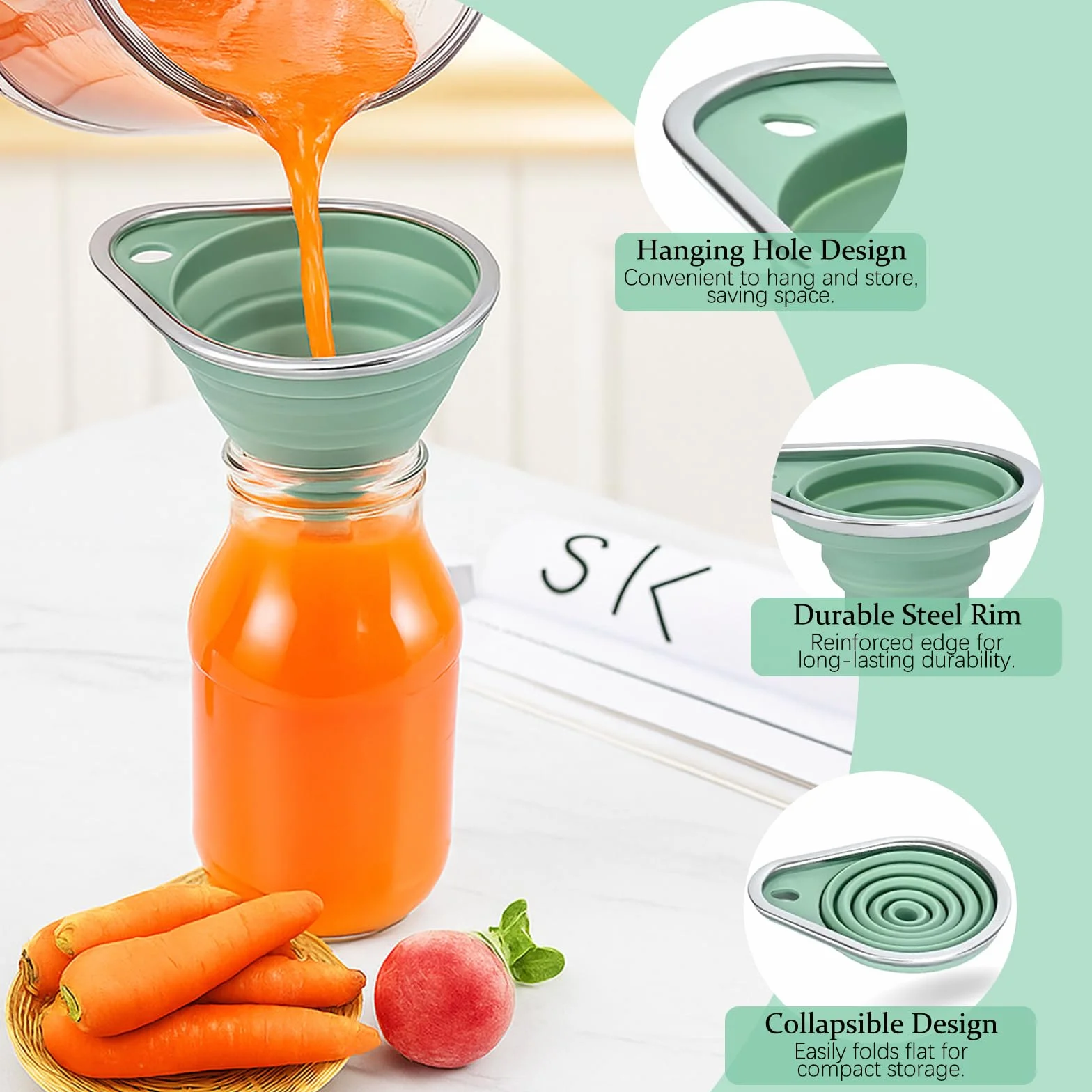 Embudos de Cocina de Silicona, 2 Piezas Embudo para Mermelada Plegables con Borde de Acero Inoxidable, Incluye Embudo Grande y Pequeño para Rellenar Botellas, Conservas e Ingredientes Secos y Líquidos
