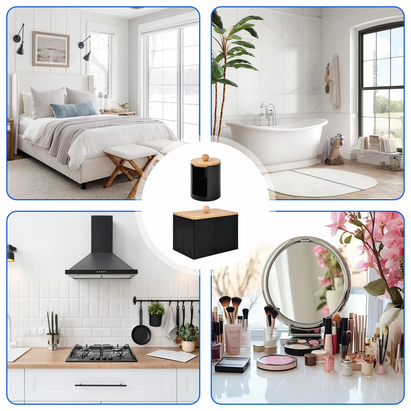 2 Piezas Organizador de Baño con Tapa, Dispensador de Bastoncillos, Organizador de Maquillaje Dispensadores de Discos Desmaquillantes per Bagno, Toletta, Soggiorno (Negro)