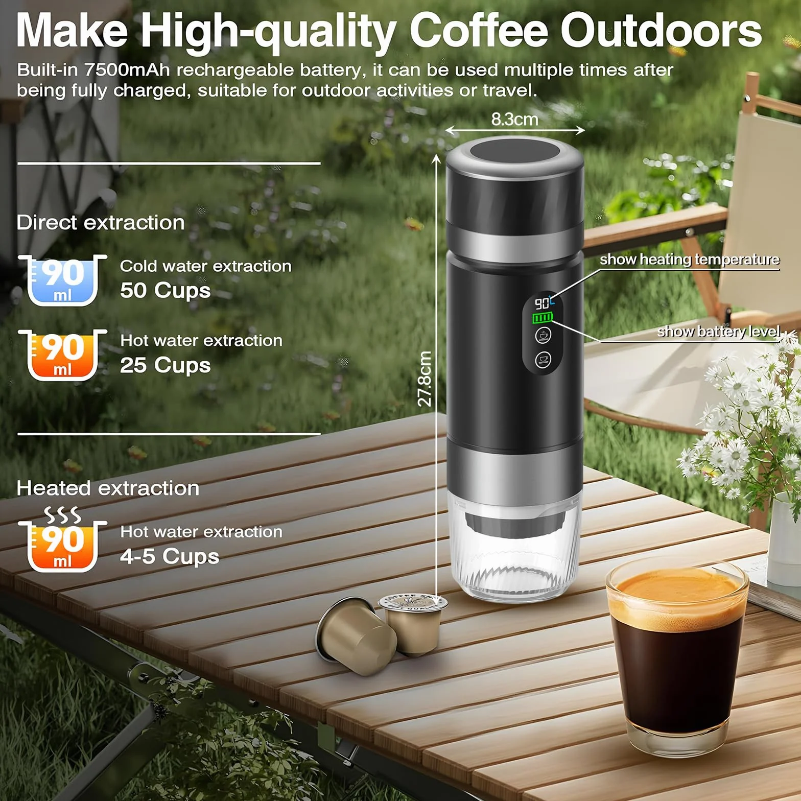 VHV Mini máquina de café inalámbrica de 90 ml, 3 en 1, con USB, compatible con cápsulas y café molido, gadgets de autocaravana y regalos de camping (gris)