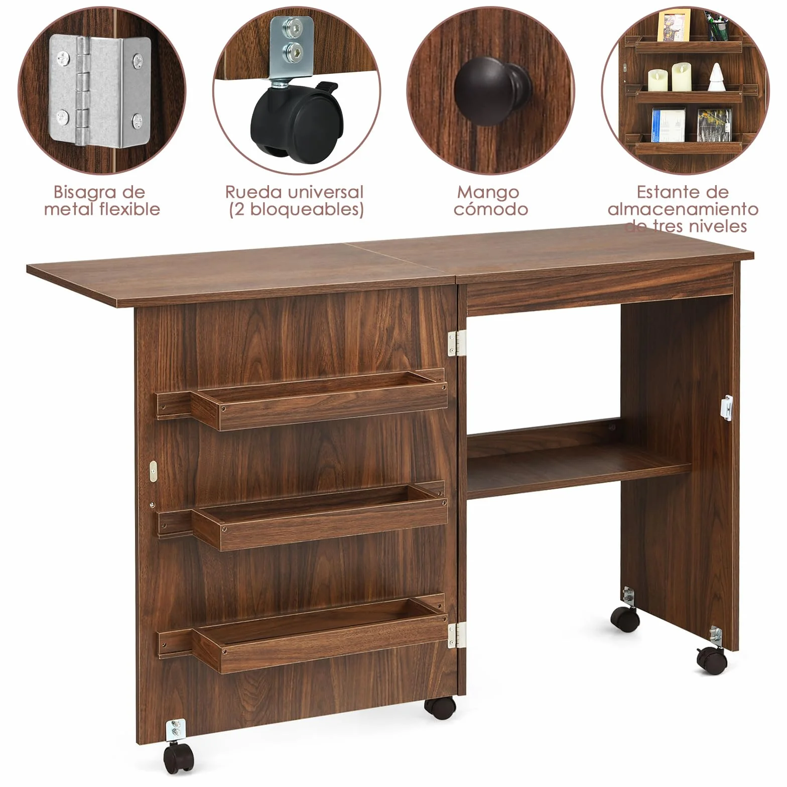 GOPLUS Mueble para Máquina de Coser, Mesa Plegable de Costura con 5 Ruedas y 4 Estantes, Armario Organizador de Costura y Manualidades, Escritorio de Costura para Hogar, Estudio (Marrón Oscuro)